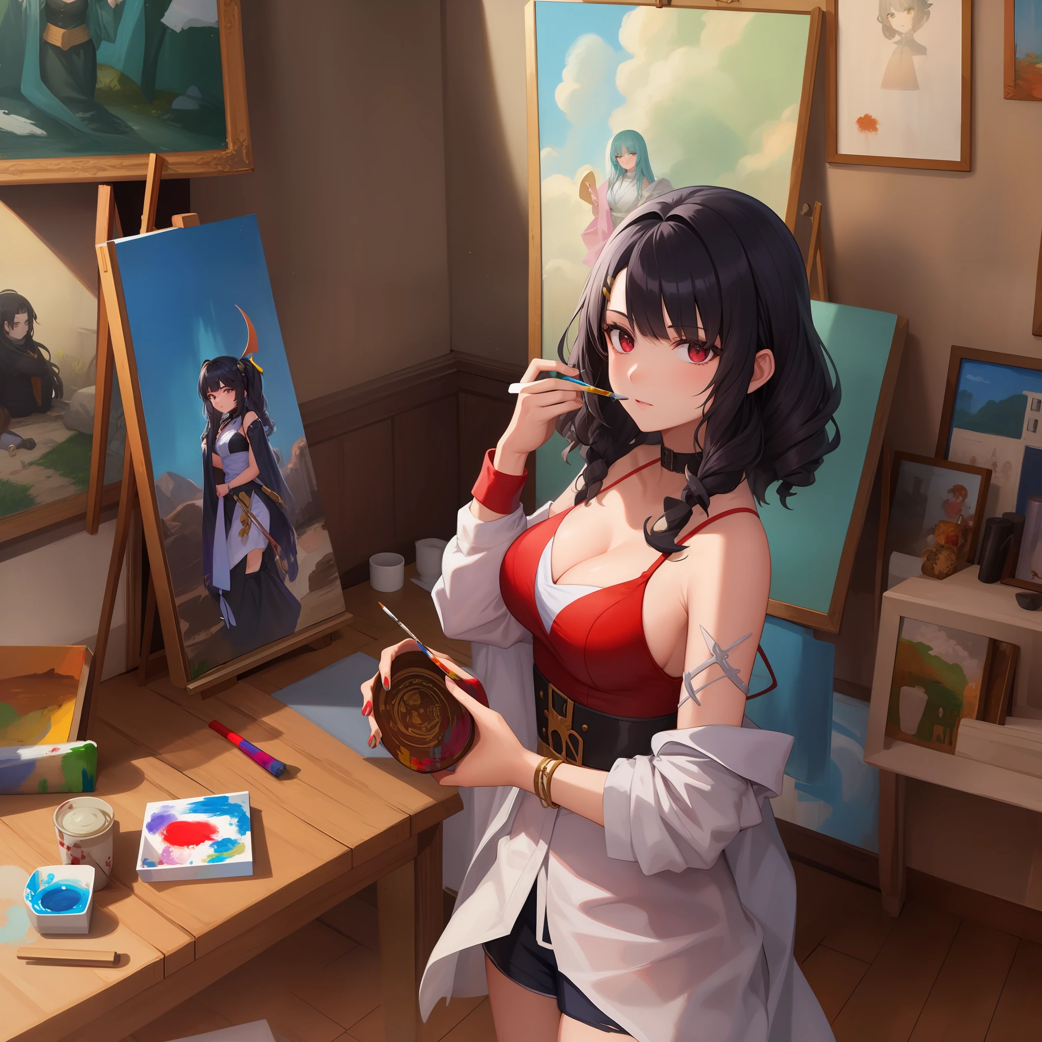 an 18 year old brazilian painter with curly bangs short black curly hair short black hair with bangs, painting a demon slayer character Mitsuri in a painting, she is painting in her room at sunset