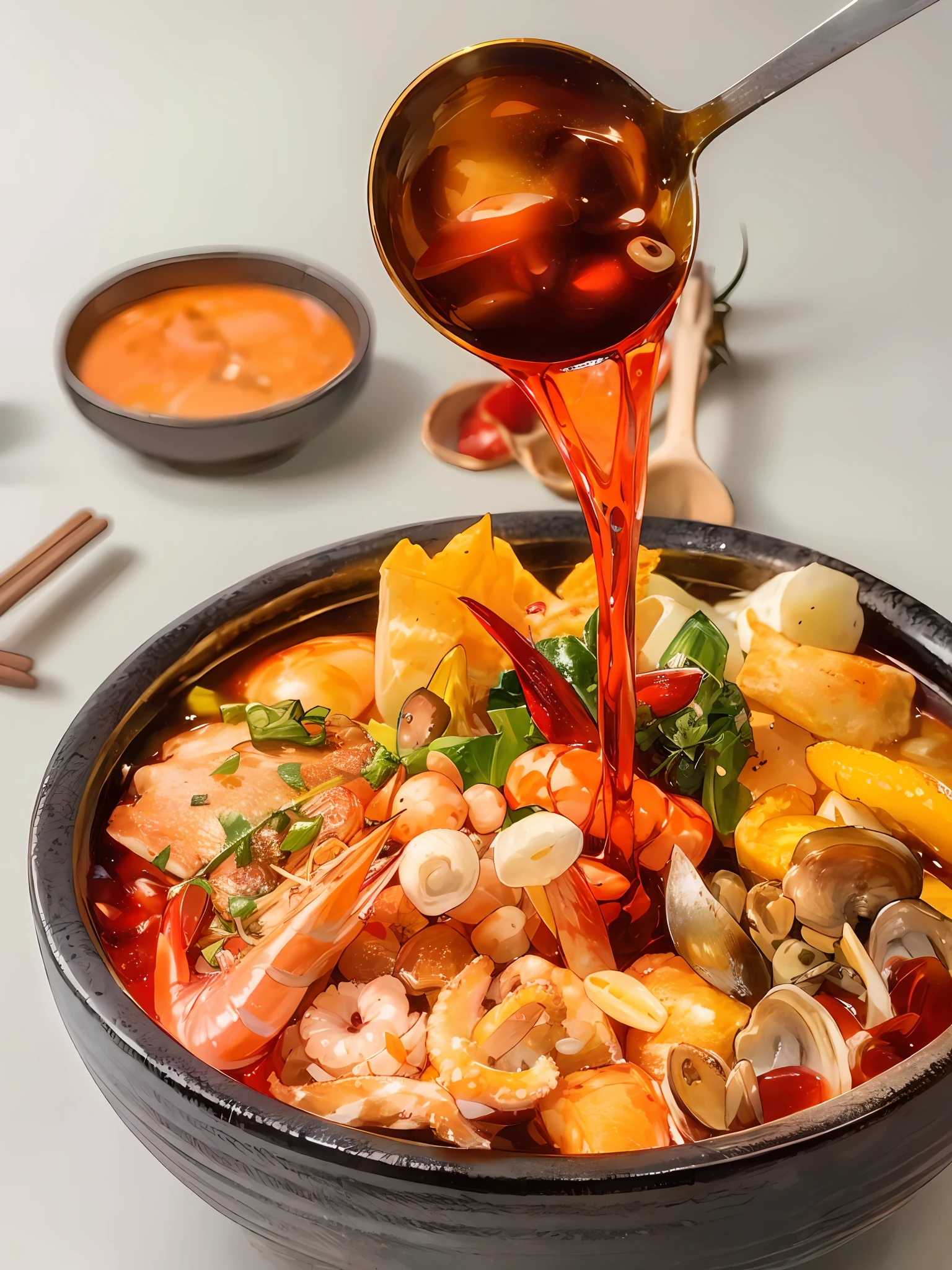 Close-up spicy mix, seafood mushrooms, small octopus, red oil, shrimp, green pepper, sixty-sixth century pepper, green vegetables, bok choy, tofu puffs, super realistic food photos, the full subject shown in the photo, a spoon is pouring into a Red Oil bowl, with the name on the front (Portuguese canteen), detailed letters, Randy Post, Hyper Realistic, "Hyper Realistic," High Resolution Photo