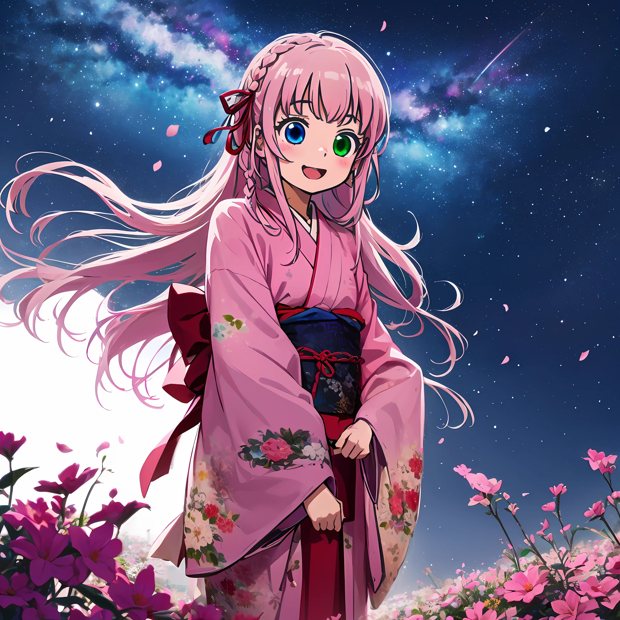 In the glowing meadow, one girl, Solo,,{heterochromia,pale blue eyes,pale green eyes:1.5}, silhouette of star eyes, standing figure, happy, :d, break ((pale pink hair, braid, semi-long hair, ribbon: 1.5)), thinning hair, break, big, red flower kimono, open mouth, looking up at the sky, Milky Way, bystander surrounded by enchanting sights. Break The vast open field comes to life with a soft glow, illuminating the surrounding landscape. (Dynamic Angle: 1.2), Break