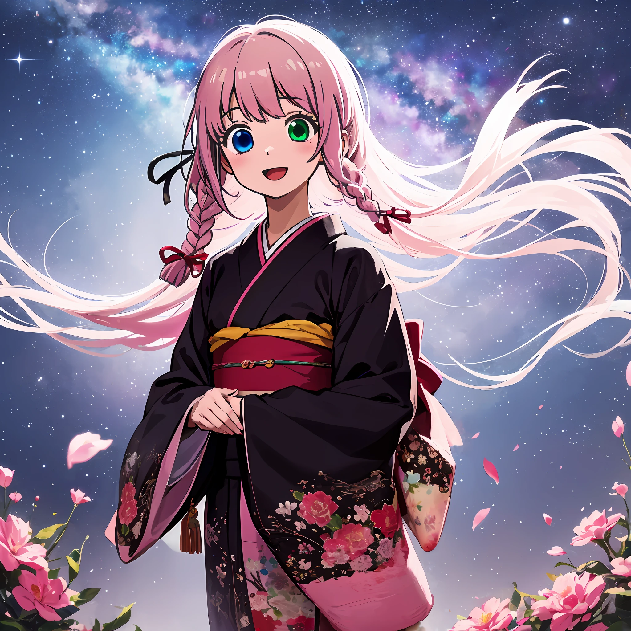 In the glowing meadow, one girl, Solo,,{heterochromia,pale blue eyes,pale green eyes:1.5}, silhouette of star eyes, standing figure, happy, :d, break ((pale pink hair, braid, semi-long hair, ribbon: 1.5)), thinning hair, break, big, red flower kimono, open mouth, looking up at the sky, Milky Way, bystander surrounded by enchanting sights. Break The vast open field comes to life with a soft glow, illuminating the surrounding landscape. (Dynamic Angle: 1.2), Break