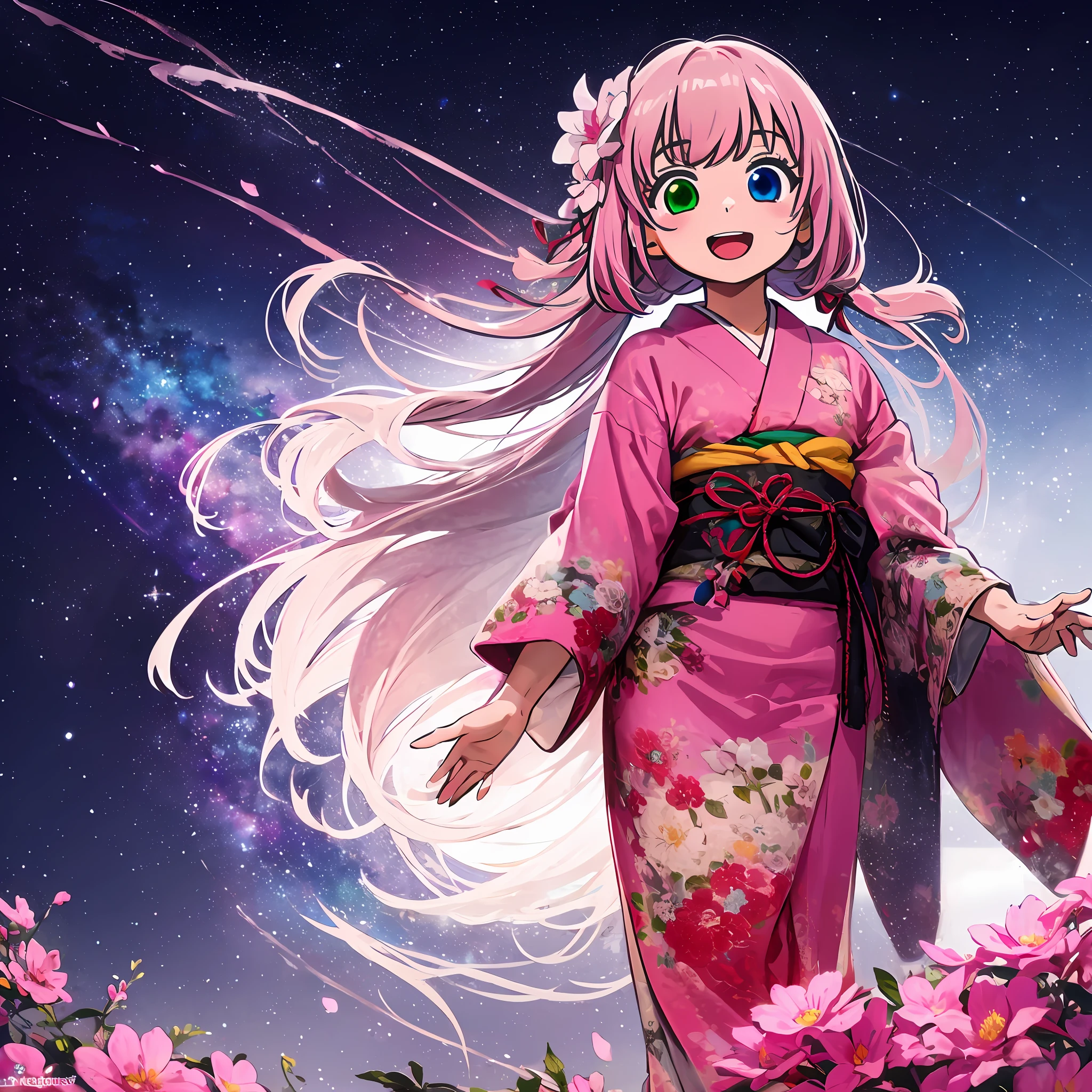 In the glowing meadow, one girl, Solo,,{heterochromia,pale blue eyes,pale green eyes:1.5}, silhouette of star eyes, standing figure, happy, :d, break ((pale pink hair, braid, semi-long hair, ribbon: 1.5)), thinning hair, break, big, red flower kimono, open mouth, looking up at the sky, Milky Way, bystander surrounded by enchanting sights. Break The vast open field comes to life with a soft glow, illuminating the surrounding landscape. (Dynamic Angle: 1.2), Break