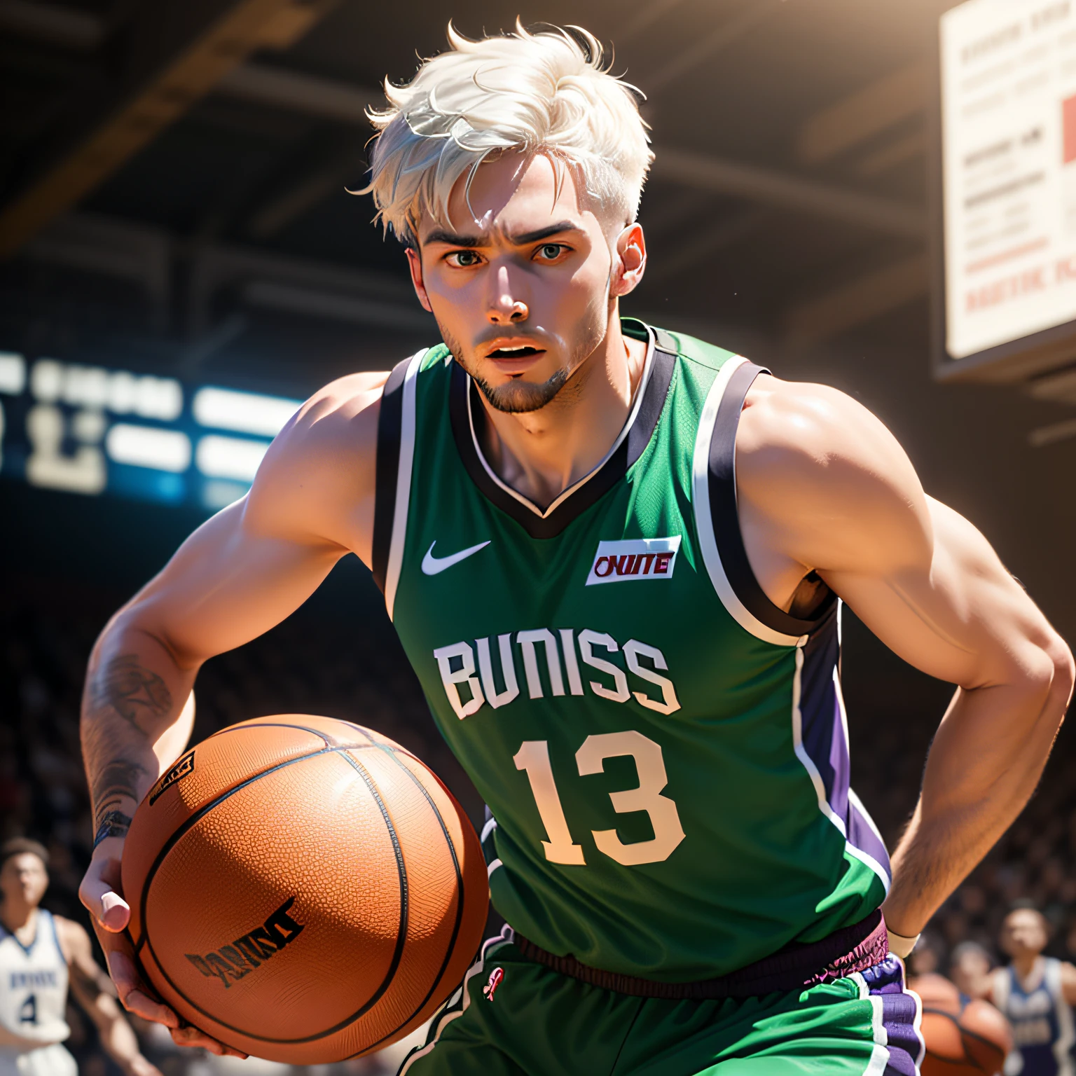 1 man, very tall stature, basketball player, burying the ball in the basket, short white hair, green eyes, violet T-shirt, top-down vision, face in focus (4K, photorealism, octane render, sharp focus) --auto