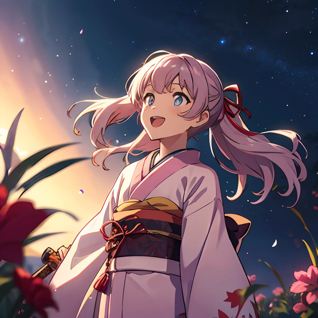 In the glowing meadow, one girl, Solo,,{Heterochromia,Pale blue eyes,Pale green eyes:1.5}, Silhouette of star eyes, Standing figure, happy, :d, Break ((pale pink hair, twin blades, semi-long hair, ribbon: 1.5)), thinning hair, break, big, red flower kimono, open mouth, looking up at the sky, Milky Way, bystander surrounded by enchanting sights. Break The vast open field comes to life with a soft glow, illuminating the surrounding landscape. (Dynamic Angle: 1.2), Break