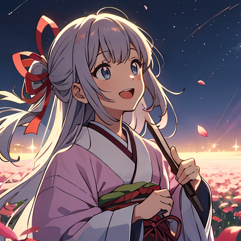 In the glowing meadow, one girl, Solo,,{Heterochromia,Pale blue eyes,Pale green eyes:1.5}, Silhouette of star eyes, Standing figure, happy, :d, Break ((pale pink hair, twin blades, semi-long hair, ribbon: 1.5)), thinning hair, break, big, red flower kimono, open mouth, looking up at the sky, Milky Way, bystander surrounded by enchanting sights. Break The vast open field comes to life with a soft glow, illuminating the surrounding landscape. (Dynamic Angle: 1.2), Break