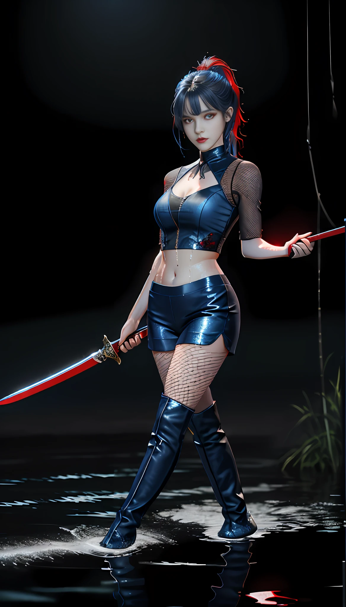 best quality}, {{masterpiece}}, {highres}, Perfect waist cut, Large breasts, Warrior girl with a small short sword on hand, Skimpy organza transparent clothes, organza elements on clothes, net clothes, leather glossy elements on clothes, dark blue hair with red highlights, (perfect nose), Seductive gaze, dark blue knee high boots on high heels with red highlights, (Best Illustration), 8k Resolution, Intricate Details, Best Quality, Realistic, Ultra Detailed, Best Lighting, Best Shadows, Ultra HD, A Necromancer style, Night, Magic, Dark Style, Vampire, (shining red eyes:1.6), masterpiece, high_res, Beautiful face, tyndall effect, photo realistic, (high detailed skin:1.2), 8k uhd, dslr, high quality, Photograph, high resolution, 4k, 8k, Bokeh, absurdres, ponytail contorted, best ratio four finger and one thumb, front view, dark blue hair gorgeous, perfect proportional skinny fitness body, full body view, wet skin, wet clothes, dark cathedral baground scenery, huge bobs, belly muscle, long fit perfect legs, fishnet dark red Stockings, realistic reflection in the water, very short and Skimpy clothes