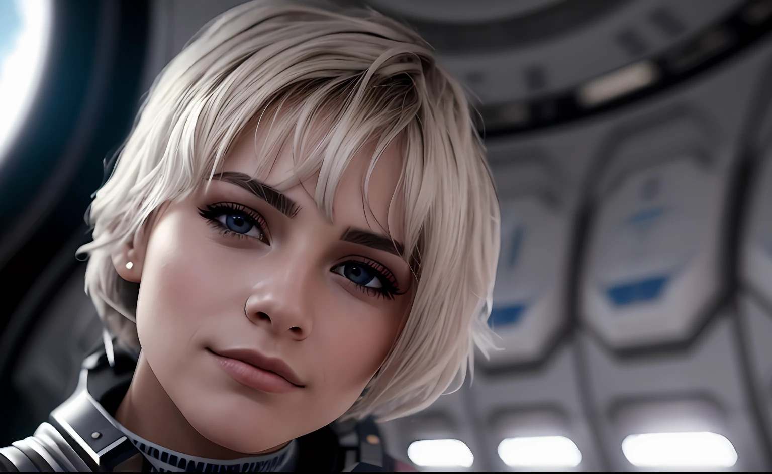 Awarded, close-up, bright details of eyes and skin, 200mm macro lens, short hair, (close-up of a woman in a spacesuit: 0.7), on the deck of a spaceship, with an enigmatic smile, a slight blush on her cheeks, a beautiful combination of Slavic heritage. This young girl with deep eyes, exceptional facial details shot on a Canon EOS R3 camera is stunning, highly detailed, 8k, ornate, intricate, cinematic, dehydrated, atmospheric, (realistic:0.75), (screensaver:0.75),(turquoise:0.2),(orange:0.2), 8k