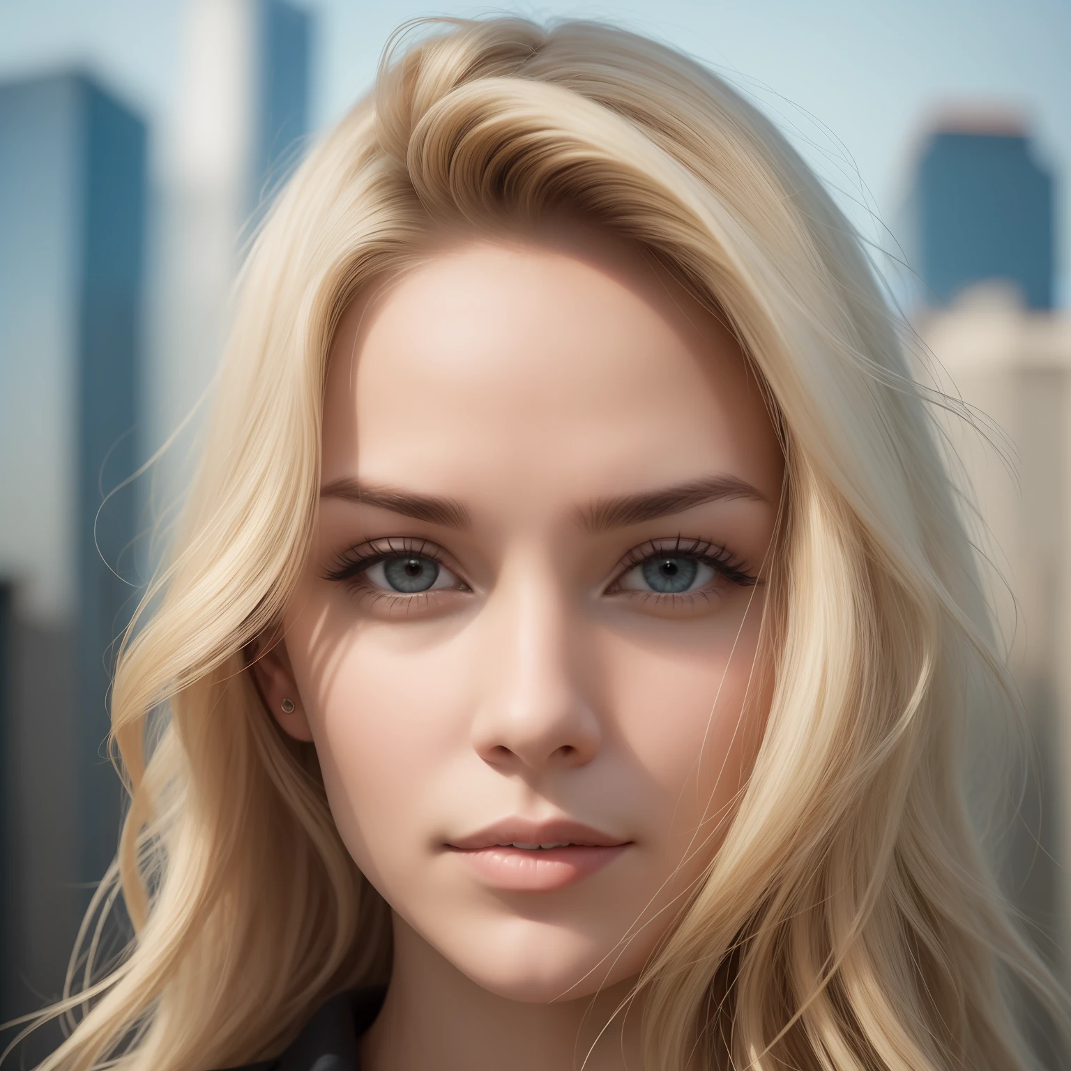 Face photo of a blonde woman, with the background of a big city