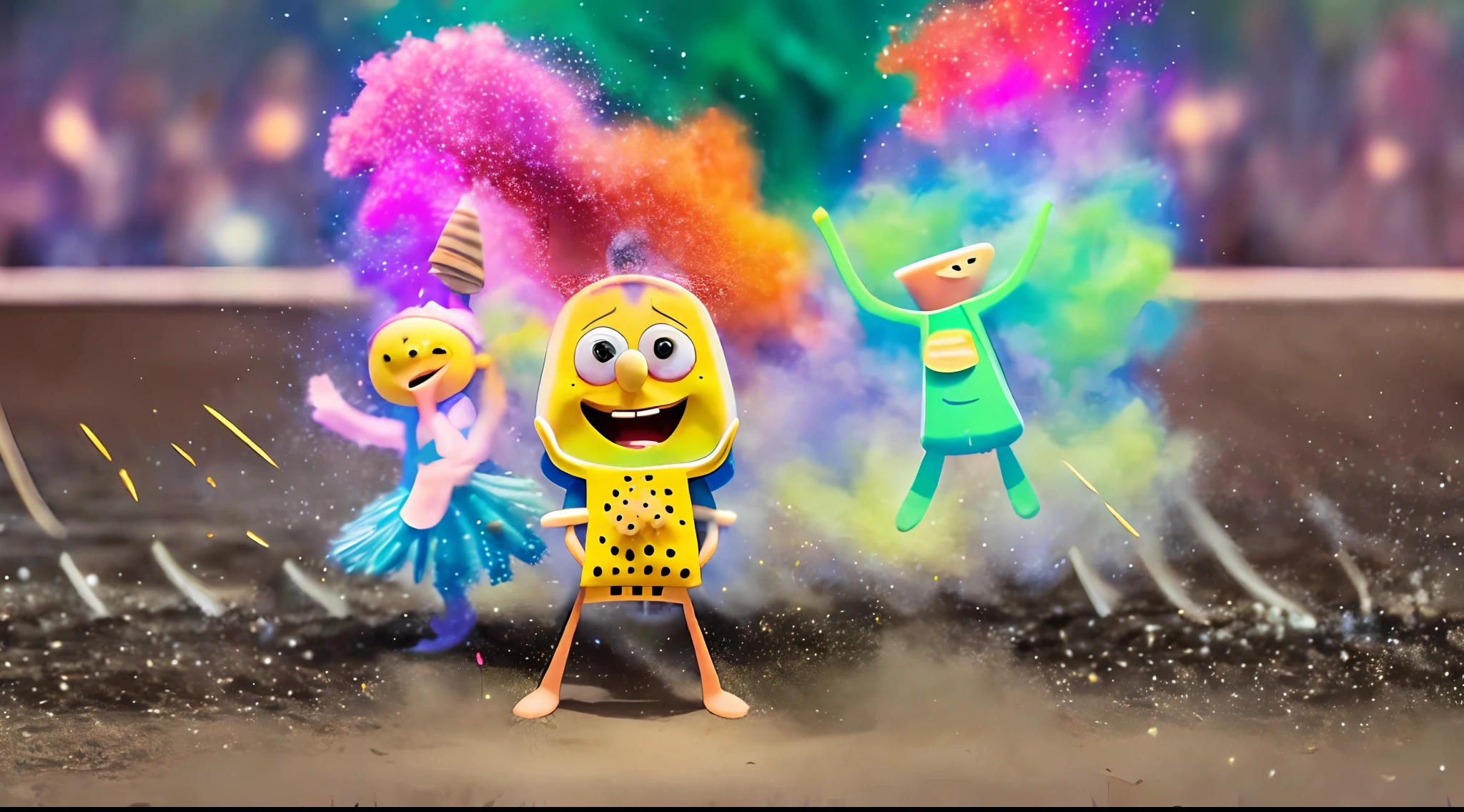 The characters Patrick Star, SpongeBob, Sandy Cheeks and Plankton next to each other smiling heroically, blurred background, colorful mist, below the sea, cartoon style --auto --s2