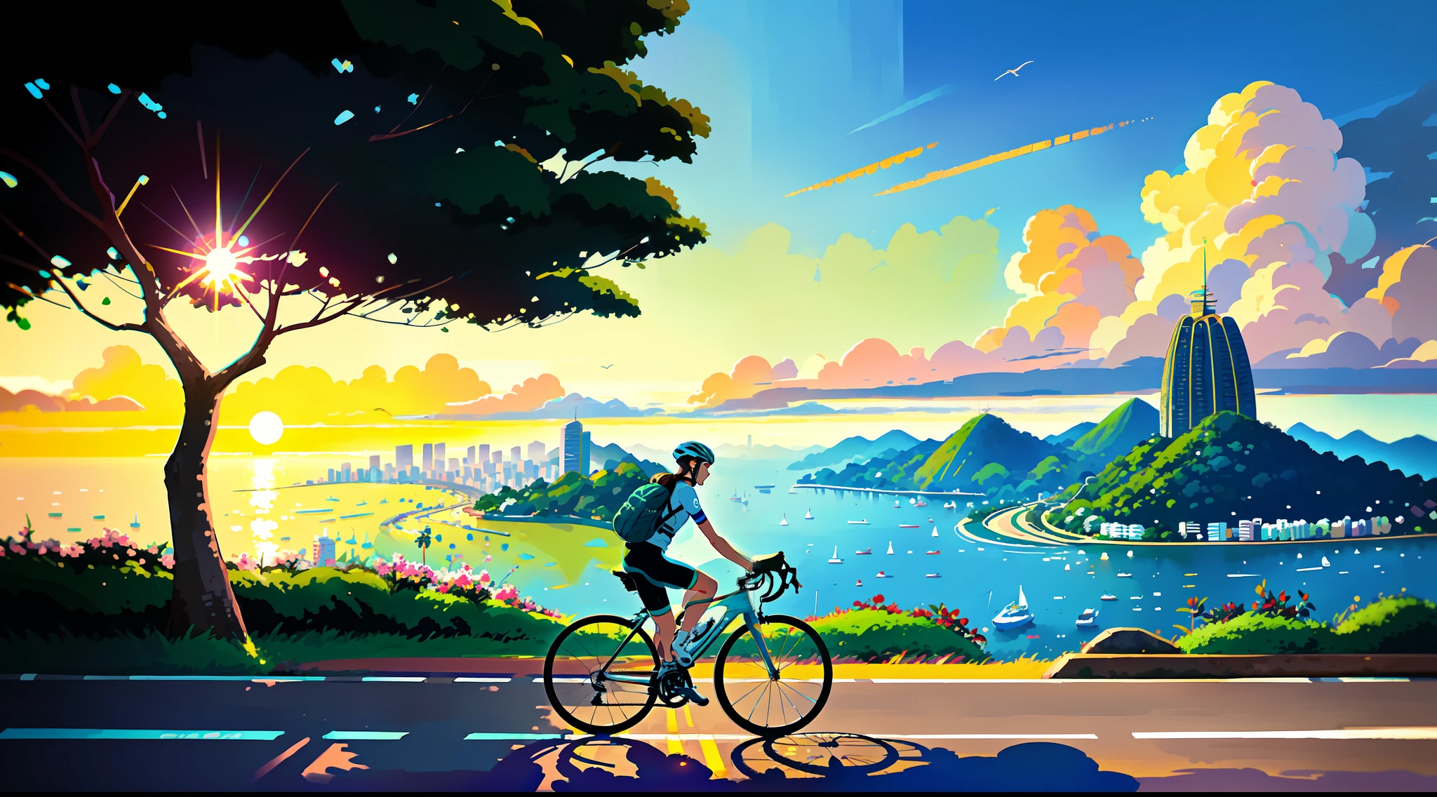 (bike: 1.5), (realistic bike: 1.5), (realistic cyclist: 1.5), back cyclist, Brazil, Rio de Janeiro, Corcovado, sunset, landscape background, shadows, contrast, makoto shinkai (Best quality: 1.3), (Highres:1) Art by Studio Ghibli Style, Impressionism, Vibrant colors