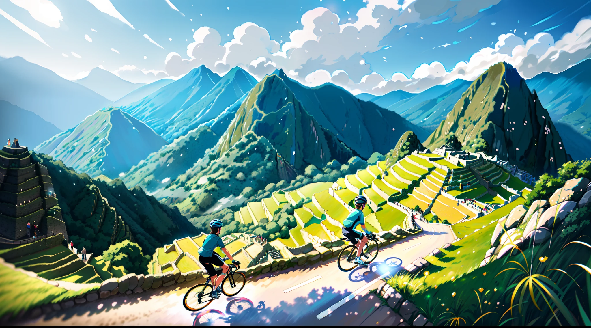(bike: 1.5), (realistic bike: 1.5), (realistic cyclist: 1.5), back cyclist, peru, Machu Picchu, Inca empire, landscape background, shadows, contrast, makoto shinkai, (Best quality:1.3), (Highres:1), Art by Studio Ghibli Style, Impressionism, Vibrant colors
