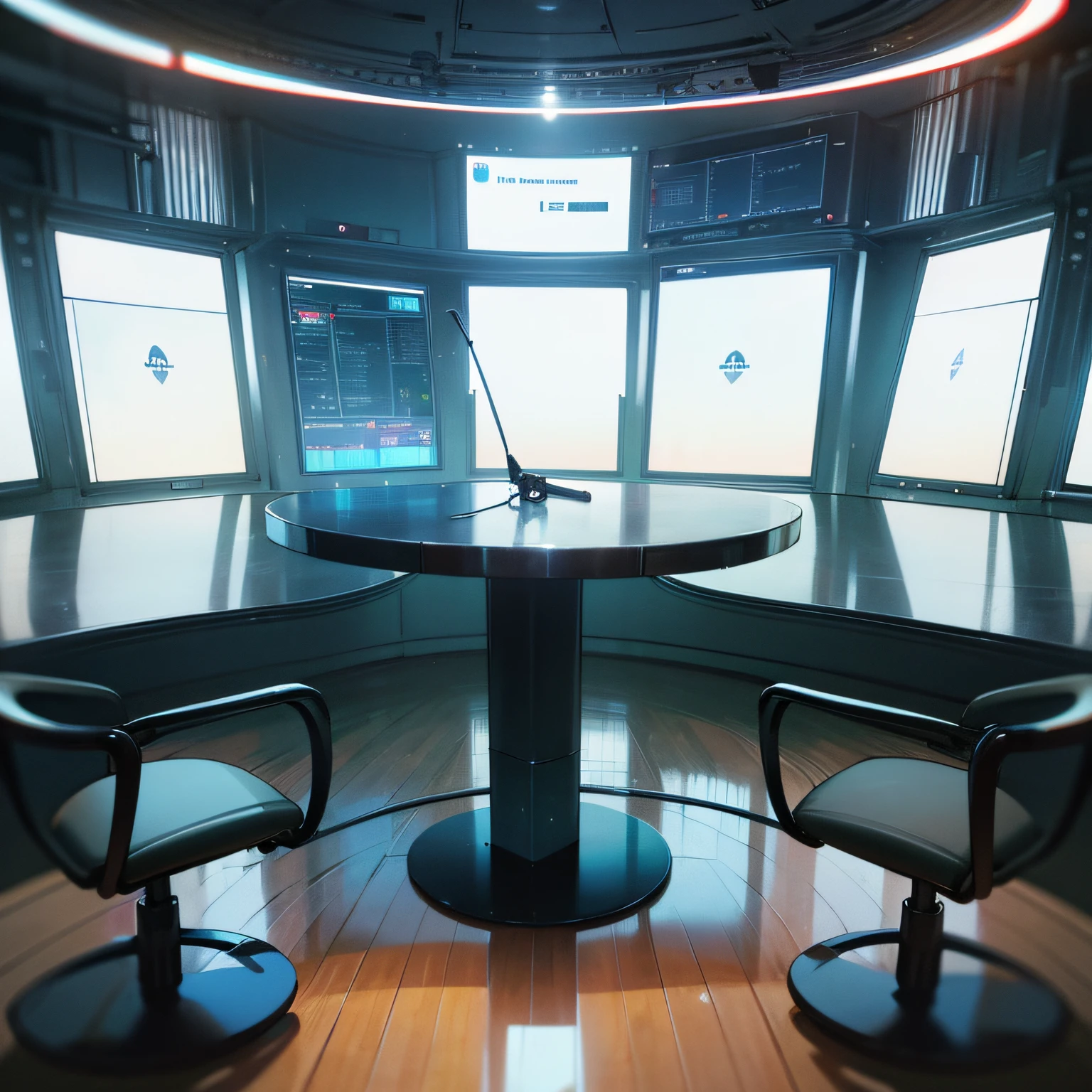 8K, best quality, masterpiece, ultra high res, (photorealistic: 1.4), raw photo, (film grain: 1.3), podcast studio, oval steel table with rivets, futuristic, two chairs, microphone and monitor, no people (empty) technological, cyberpunk