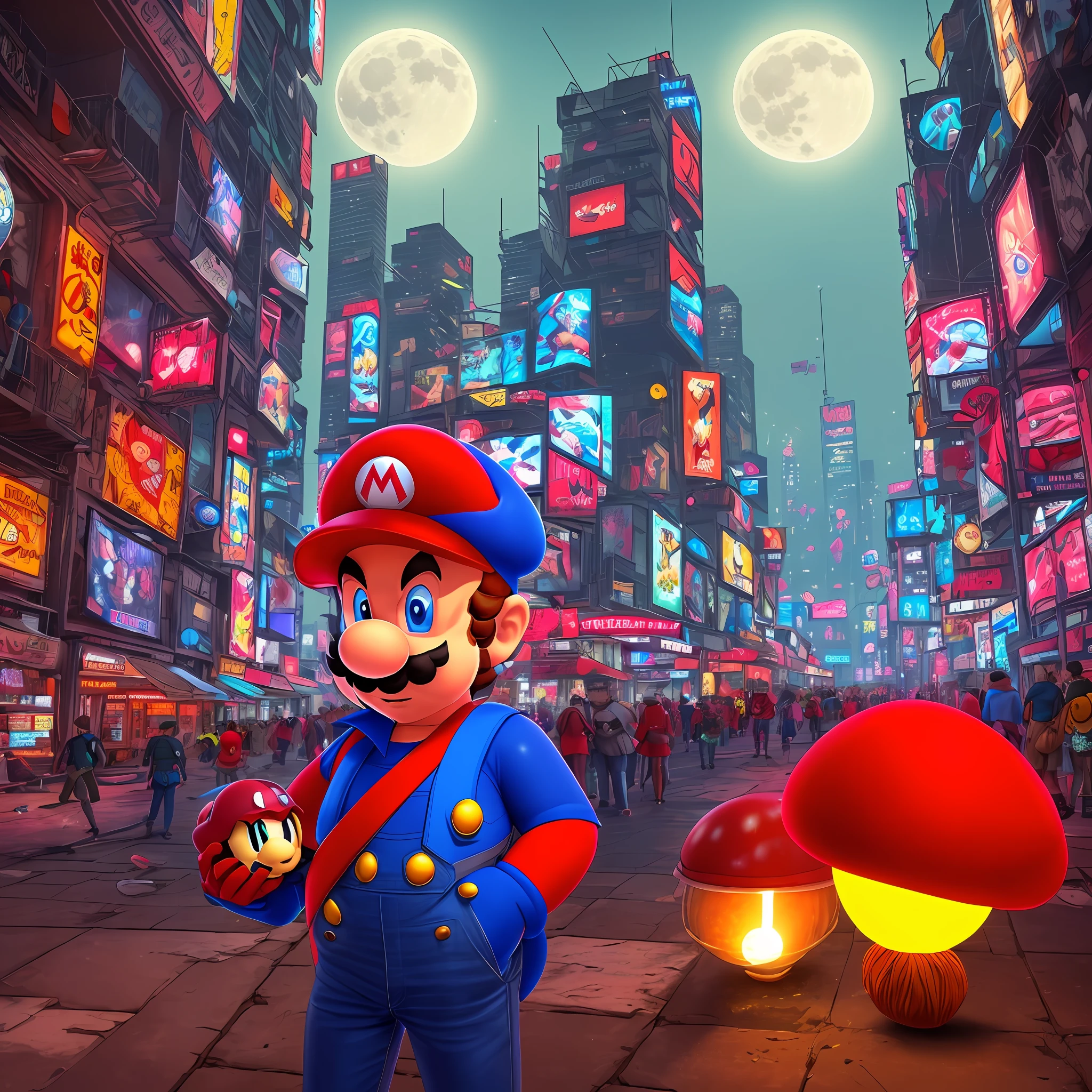 Mario dressed in a tech outfit and holding a red mushroom, ultra realistic in the cyberpunk world at night, cities full of lights, full moon, looking at Princess Peach --auto