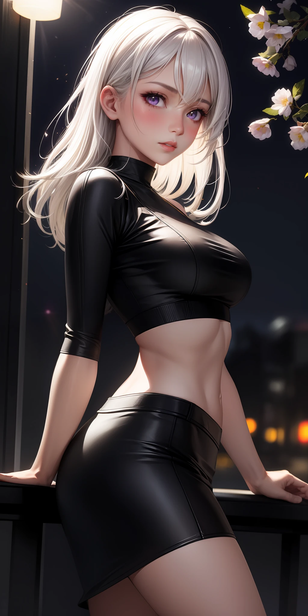 realistic, 1girl, white hair, purple eyes, glowing eyes, crop top, skirt, parted lips, blush, night, flowers, sun, sunlight,