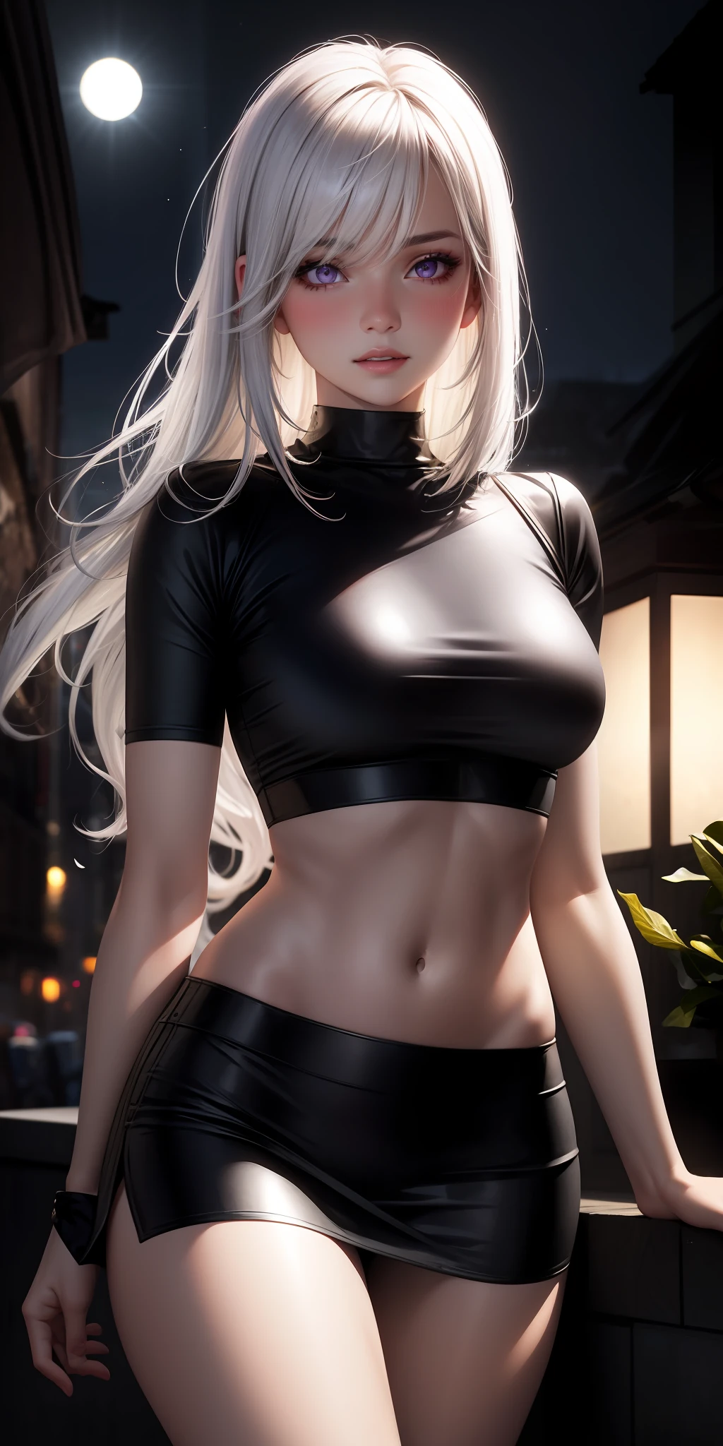 realistic, 1girl, white hair, purple eyes, glowing eyes, crop top, skirt, parted lips, blush, night, flowers, sun, sunlight,