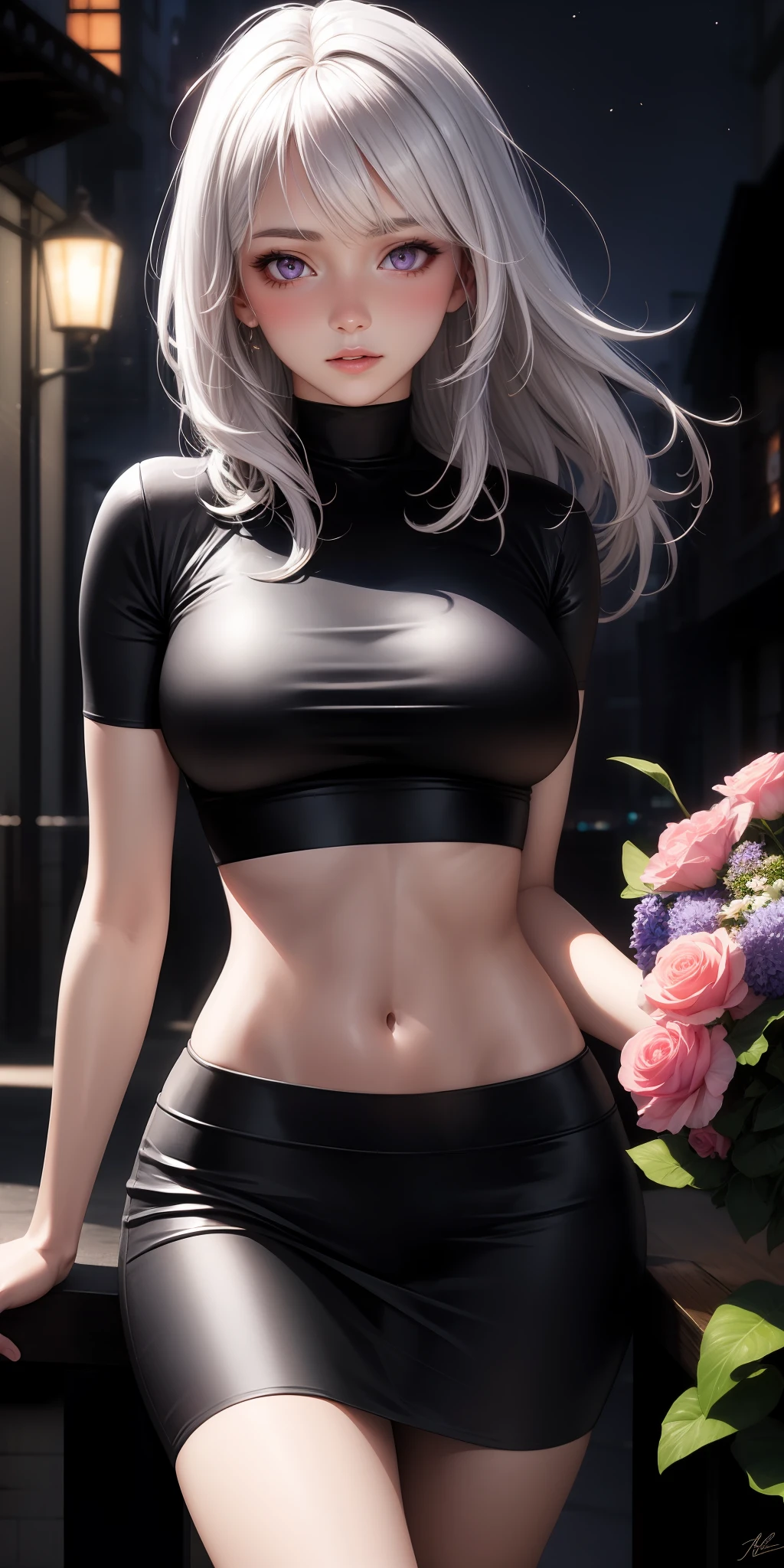 realistic, 1girl, white hair, purple eyes, glowing eyes, crop top, skirt, parted lips, blush, night, flowers, sun, sunlight,