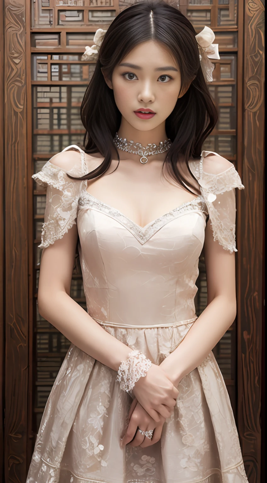 A dress with a chinoiserie style with lace elements at the neckline and cuffs of the dress Dark pattern is a traditional moire pattern, details such as pleats, embroidery, beads, silk, crepe, knee-length or length, and a bow or flower decoration at the waist or neckline