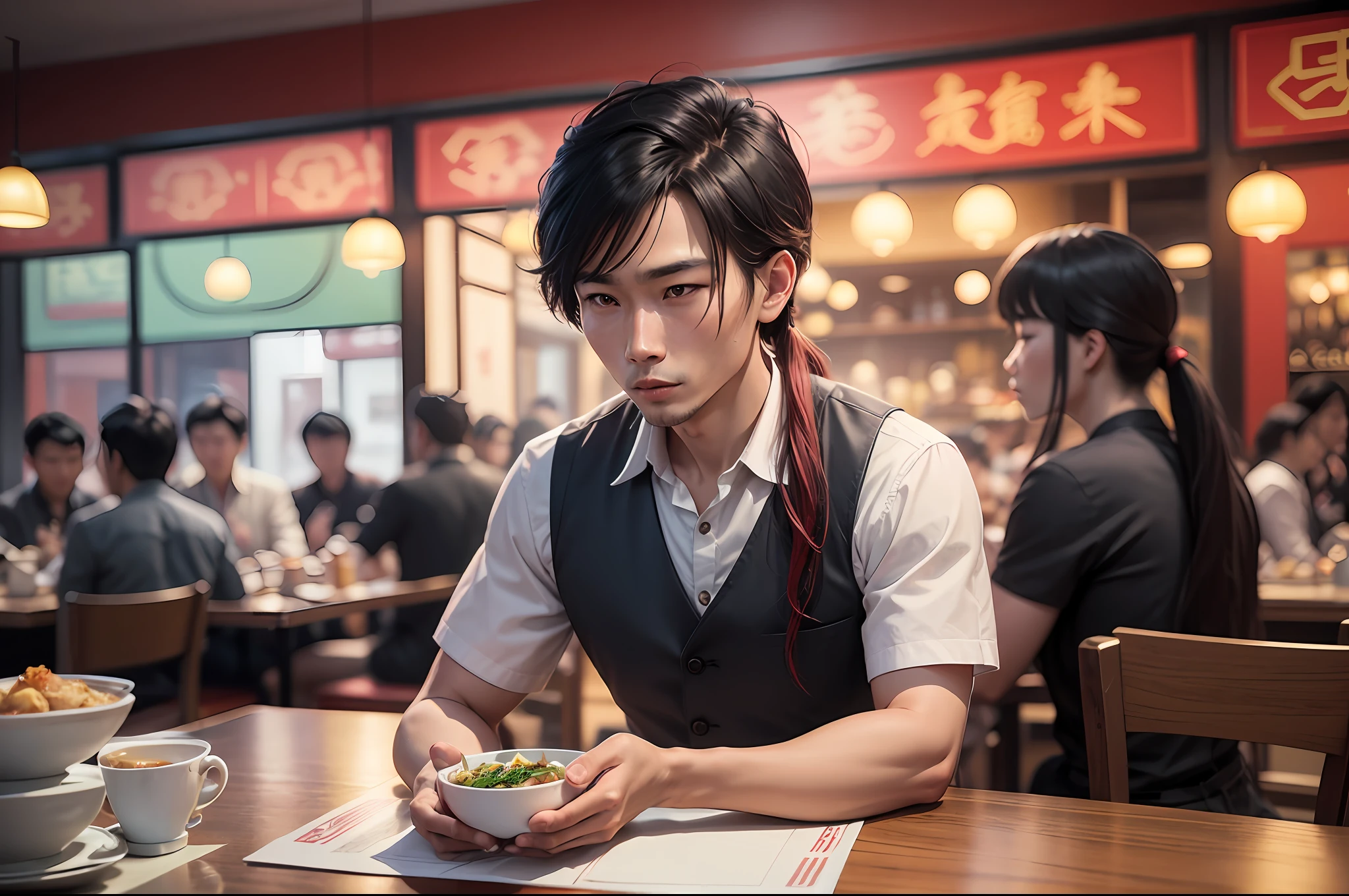 An extreme close-up of an photo of a man, in the middle of a chinese restaurant full of tables, customers and waiters. The chinese restaurant is in Hong Kong and the year is 1966 people, animals --auto --s2