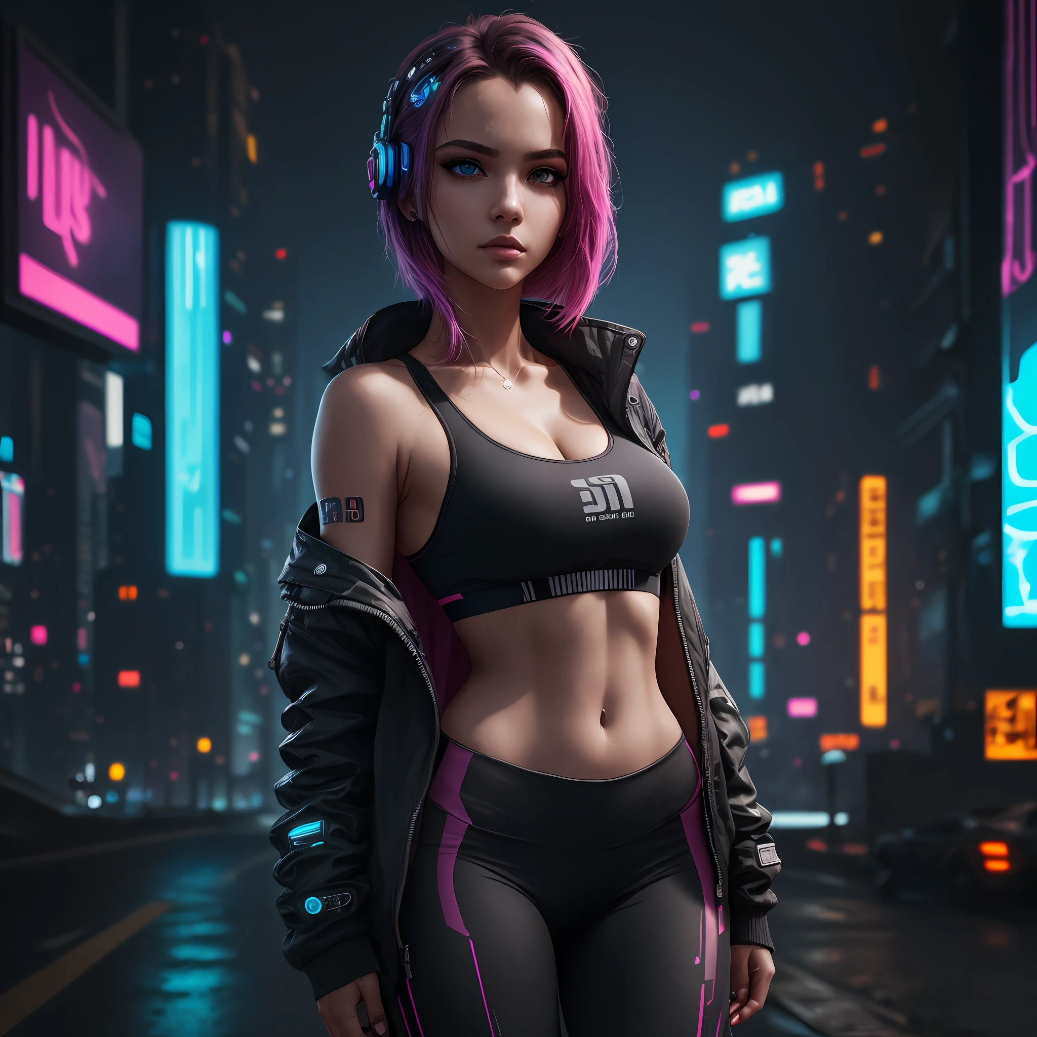 sports bra,  sports jacket, sport pants, no panties, ( cyberpunk environment:1.2),makeup,, (1 girl:1.4),best quality, masterpiece, (realistic:1.2), young woman, a lady, detailed face, detailed eyes, detailed hair, detailed skin,look at viewer, dramatic, vibrant, sharp focus,50mm,F1.2, EOS R8,(3/4 body:1.2),standing,(complex background:1.6),(Best quality details:1.2),8K High definition, --auto