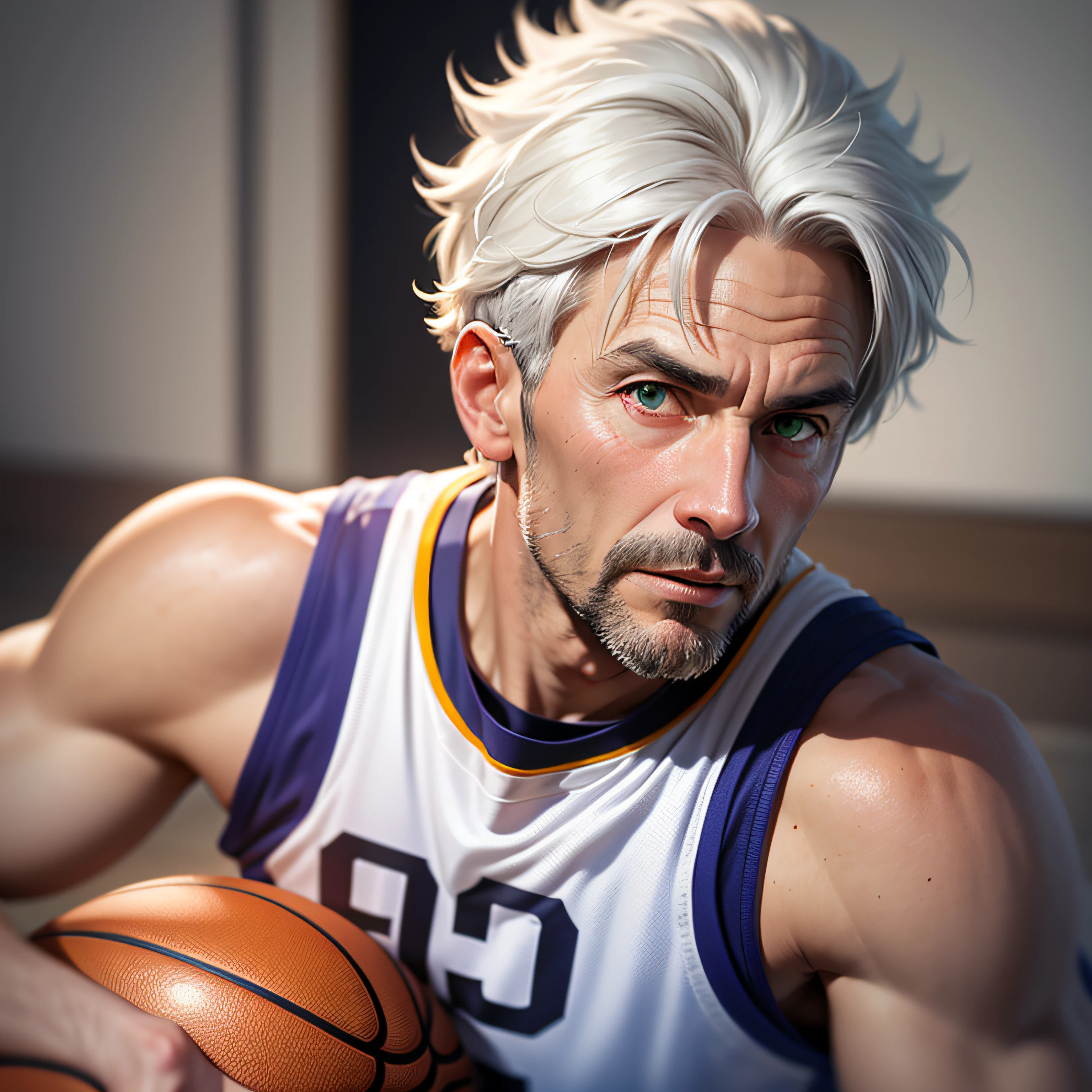 1 man, mature, 50 years old, very tall stature, basketball player, burying the ball in the basket, short white hair, green eyes, violet T-shirt, top-down vision, face in focus (4k, photorealism, octane render, sharp focus)