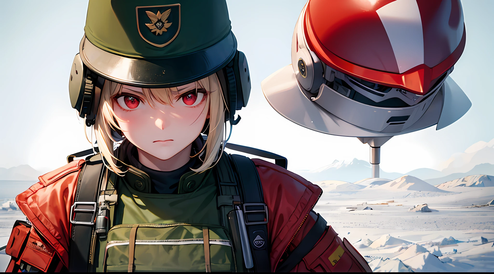 masterpiece , a girl, in Airfield, ( lite white short hair:1.2), (red eyes:1.2), (Russian Military Uniform:1.2), (looks at the viewer:1.2) , (8k, best quality 1.2), ultra-detailed, 8k uhd, soft lighting, high quality, film grain, beautiful lighting, cinematic ,perfect body , best illumination, best shadow, sharpness, contrast, red glasses, messy hair, tactical vest, gloves, headset, absurdres high detailed face, serious face, military helmet
