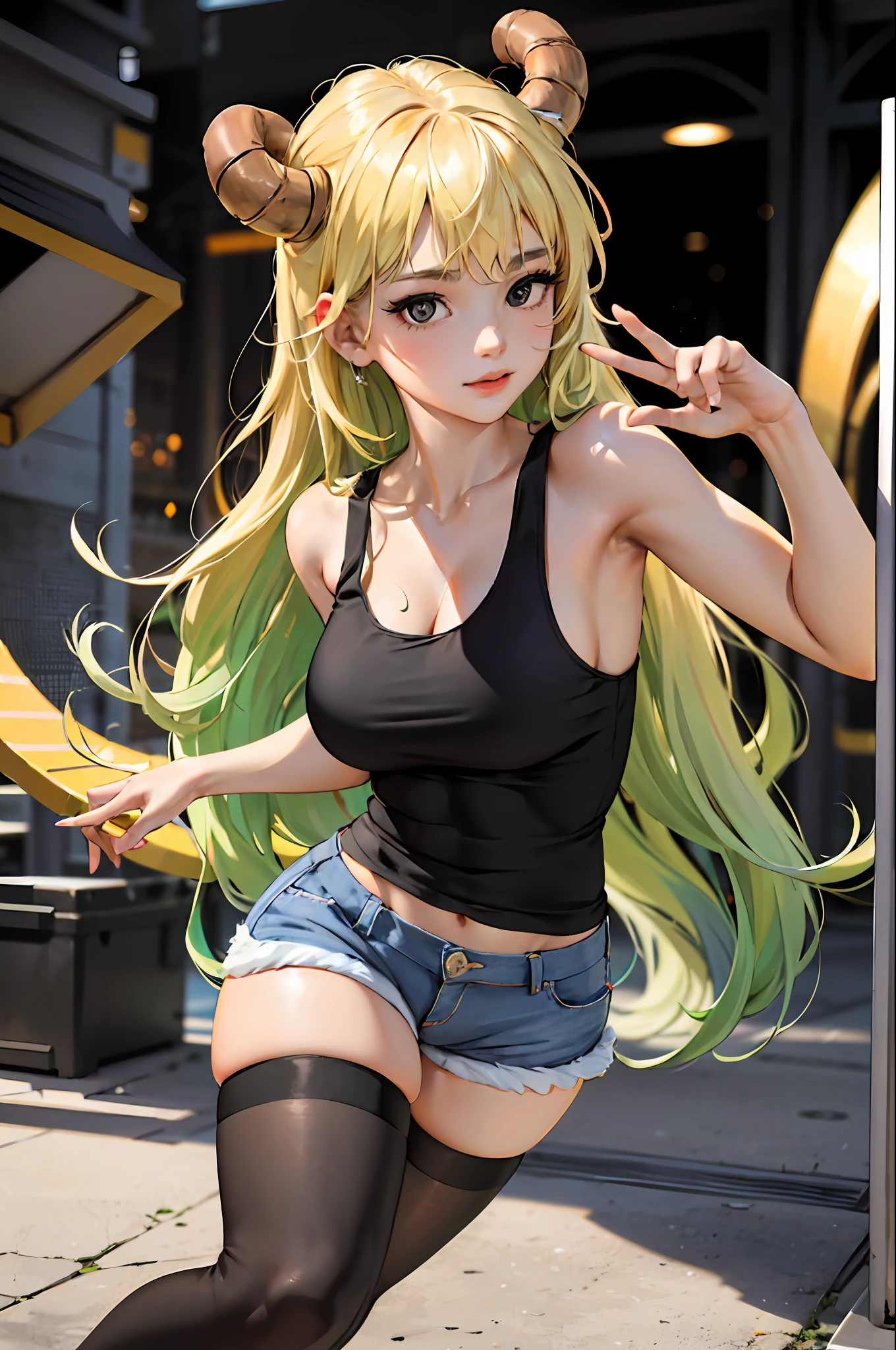 absurdres, best quality, 1girl, solo, looking at viewer, eye focus,  LucoaDM, CasualCL, shorts, tank top, thighhighs, heterochromia, eye focus, 
ADDCOMM
green eyes
ADDCOL
(black eyes:1.5), slit pupils, bright pupils, yellow pupils