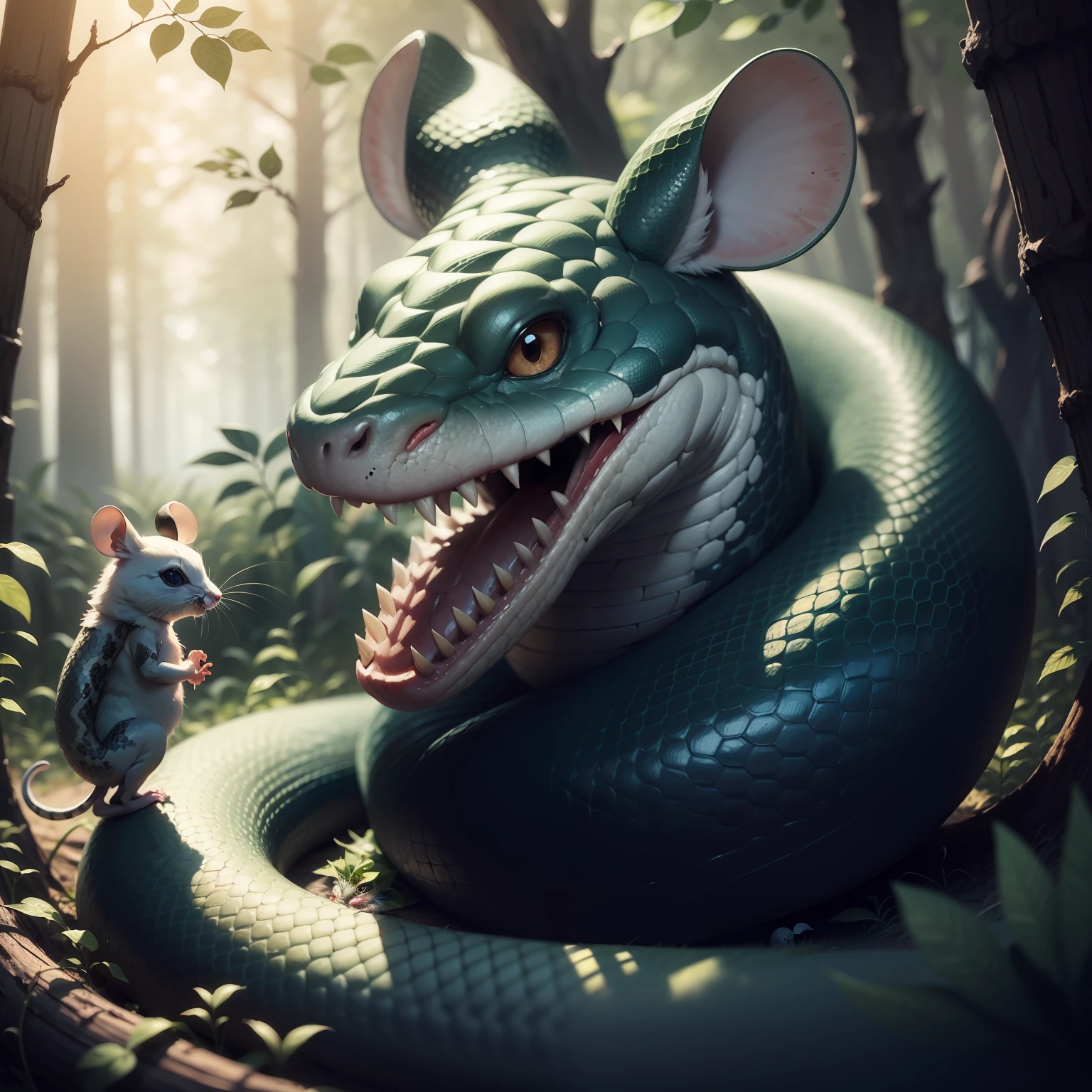 a snake about to eat a little old mouse in a forest, imam highly detailed in 4k beautiful children's drawing style realistic painting animation --auto