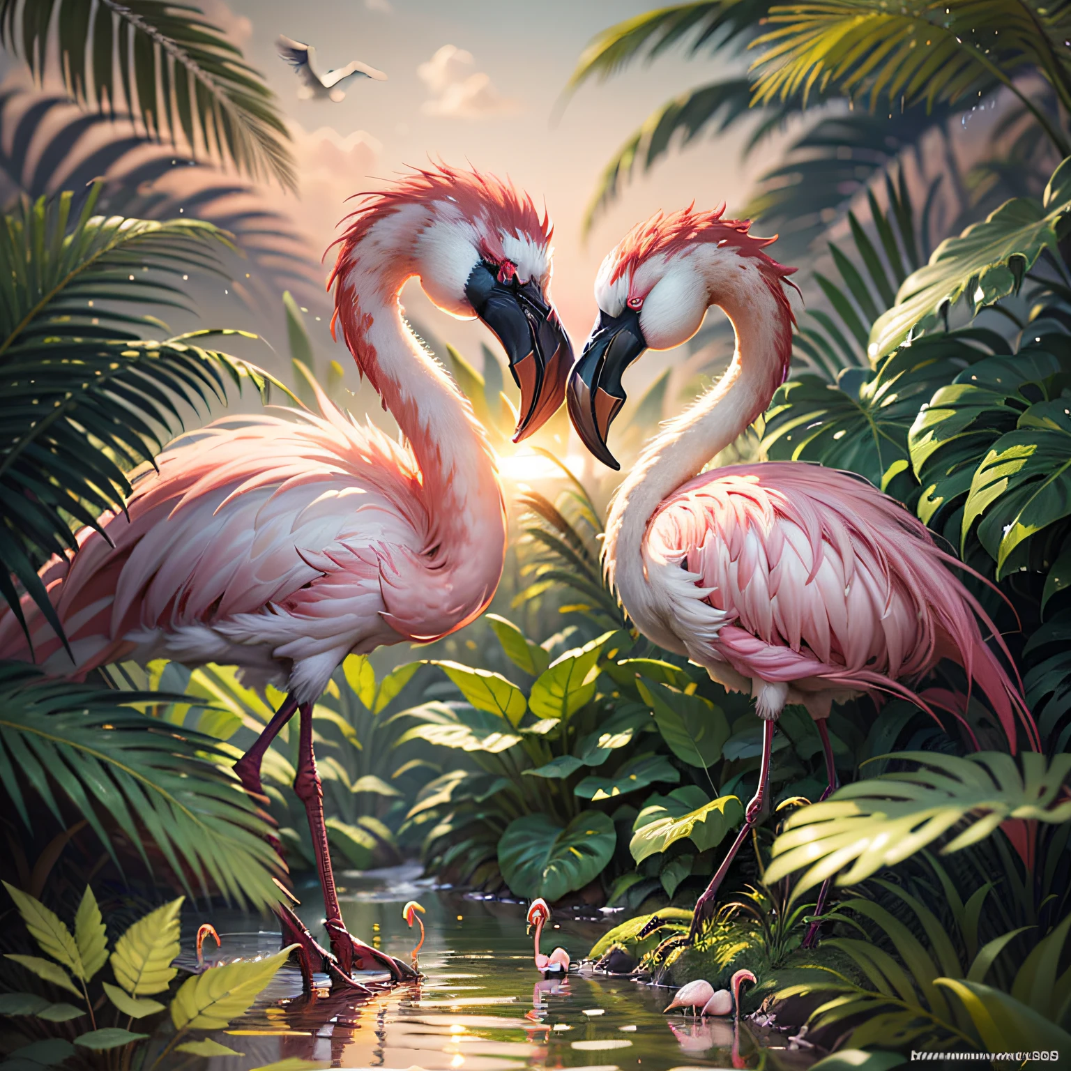 there are flamingos and zebras in the tropical jungle, sunset after rain, wet foliage, trend in artstation", highly detailed digital painting, birds f cgsociety, beautiful digital artworks, flamingos, flamingos, trend in artstation.', highly detailed digital painting, trend in cgsociety art, by Kerembeyit, highly detailed 4K painting, afternoon hangout, "ultra realistic