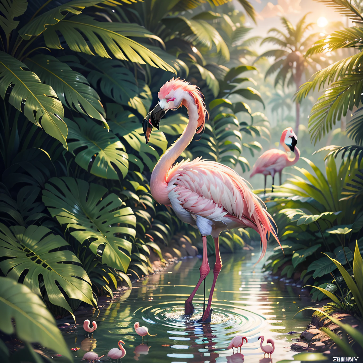 there are flamingos and zebras in the tropical jungle, sunset after rain, wet foliage, trend in artstation", highly detailed digital painting, birds f cgsociety, beautiful digital artworks, flamingos, flamingos, trend in artstation.', highly detailed digital painting, trend in cgsociety art, by Kerembeyit, highly detailed 4K painting, afternoon hangout, "ultra realistic
