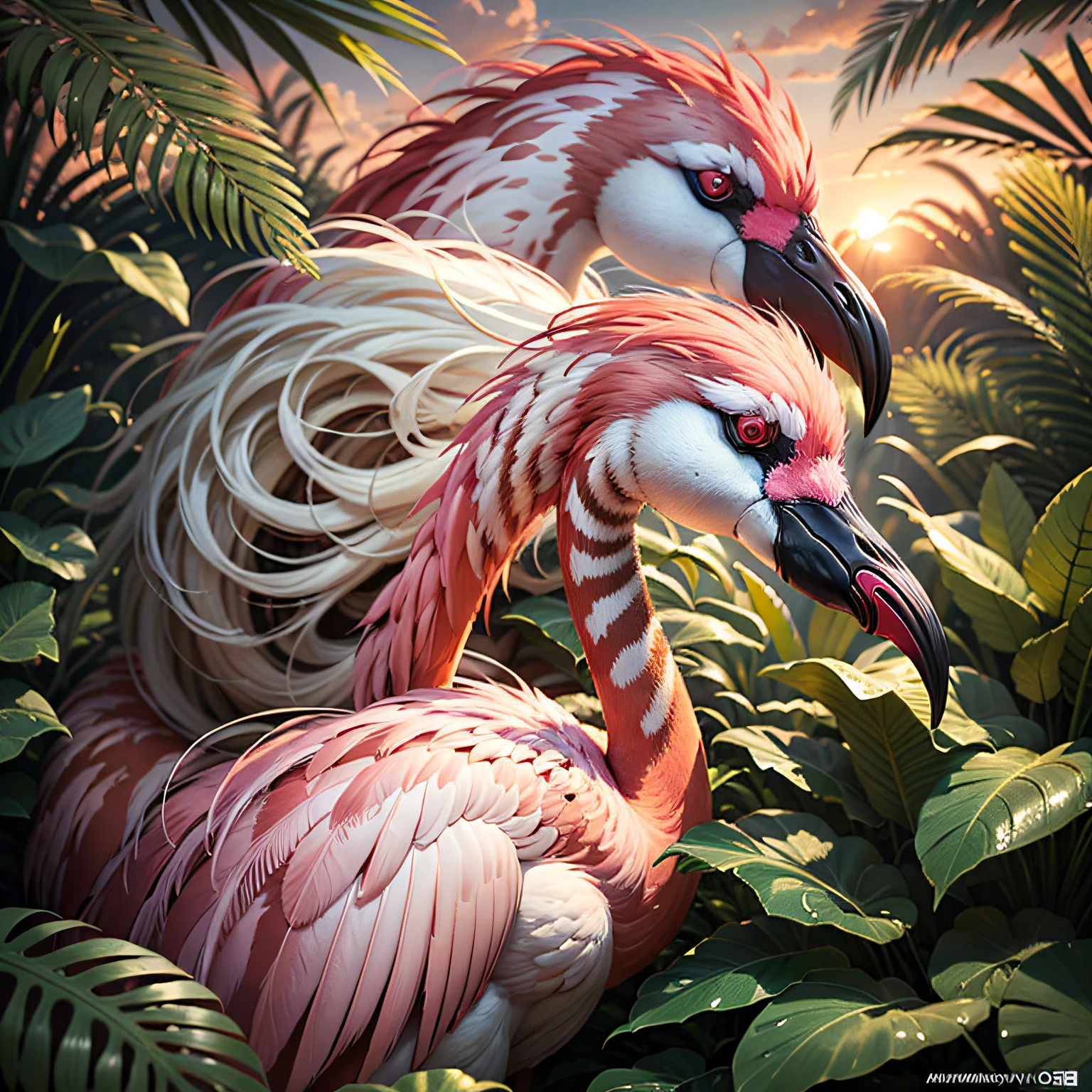 there are flamingos and zebras in the tropical jungle, sunset after rain, wet foliage, trend in artstation", highly detailed digital painting, birds f cgsociety, beautiful digital artworks, flamingos, flamingos, trend in artstation.', highly detailed digital painting, trend in cgsociety art, by Kerembeyit, highly detailed 4K painting, afternoon hangout, "ultra realistic