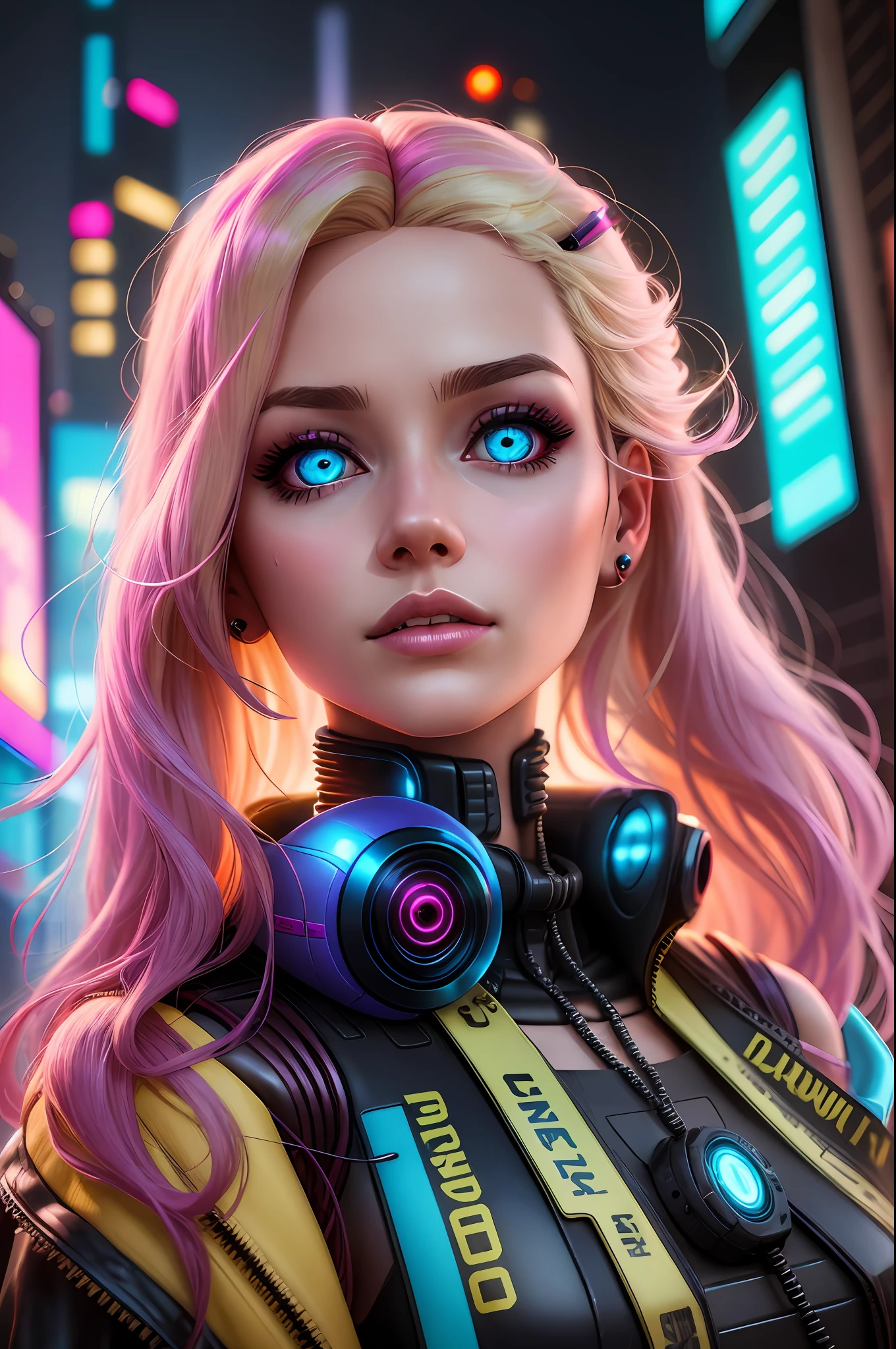 barbie doll with cyberpunk aesthetic and costume, doll, princess, crow, ruby, cyberpunk, synthwave, 8k, ultra-realistic, neon colors, cyan, fuchsia, indigo, RAW, beautiful woman face, blonde hair, cute, soft lighting, golden hour, gloomy atmosphere, landscape orientation, upper body, close-up, RAW photo, best quality, realistic, photo-realistic, caucasian woman, hi-tech, cityscape, rain, (cyberpunk:1.2), (in the style of Blade Runner:1.2), (robot eyes:1.2), (perfect face:1.2), (led lighting:1.2), (smokey:1.1), (in the style of Ghost In The Shell:1.2)