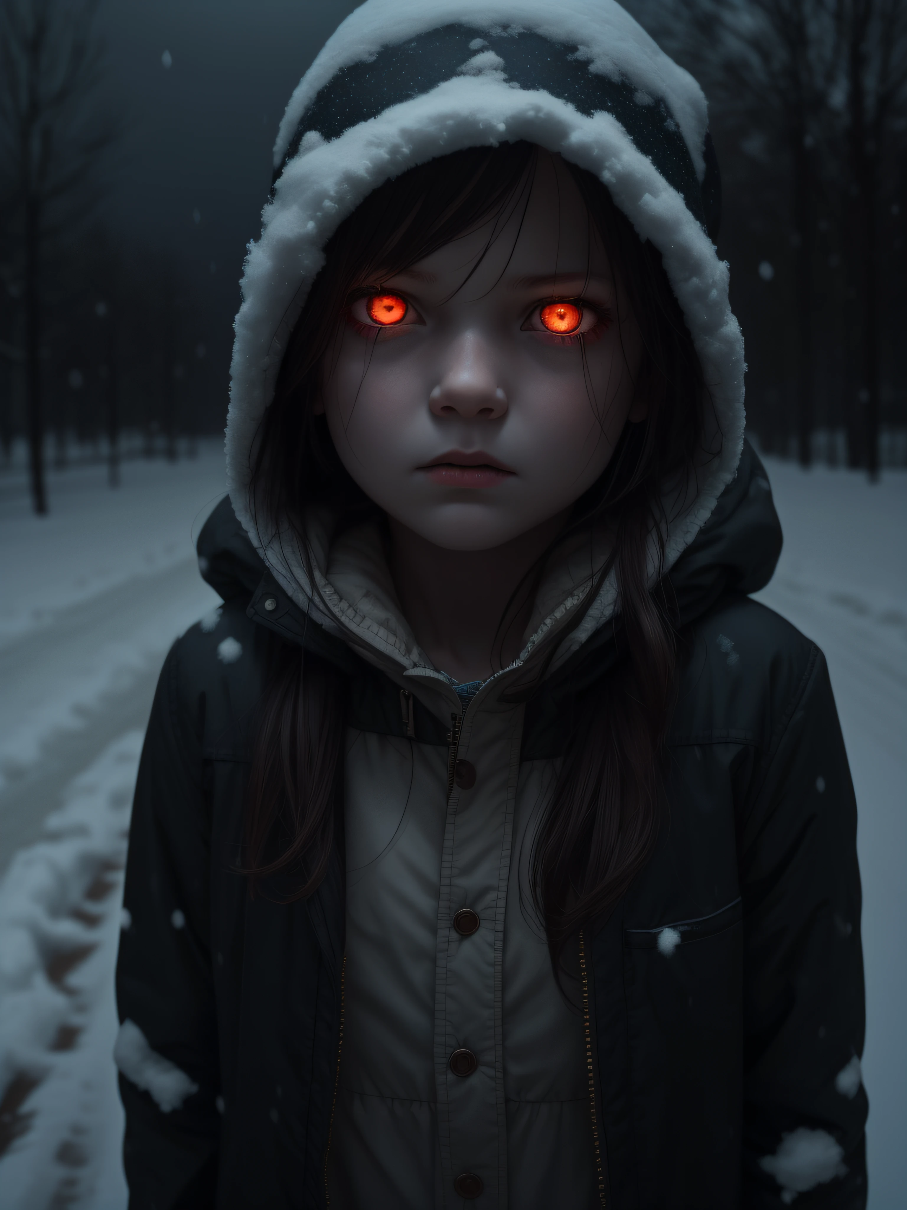 A scary in the snow, is at night, she wears summer clothes, 4k, realistic, dark weather, scary, dark lighting, scary look