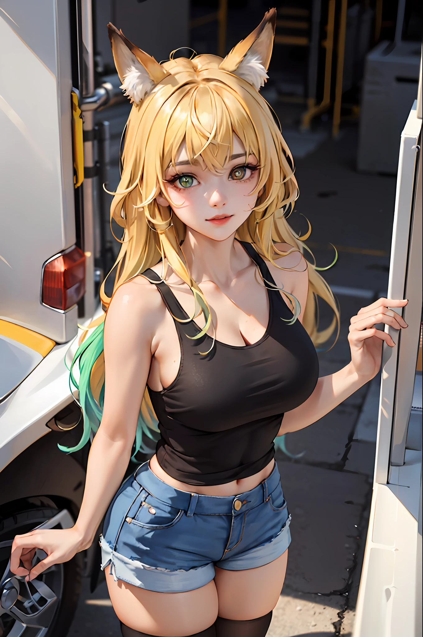 absurd, best quality, 1girl, solo, look at the viewer, eye focus, LucoaDM, CasualCL, shorts, tank top, hips, heterochromia, focus on the eyes, fox ears 
ADCOMM
Green Eyes
ADDCOL
(black eyes: 1.5), slit pupils, light pupils, yellow pupils