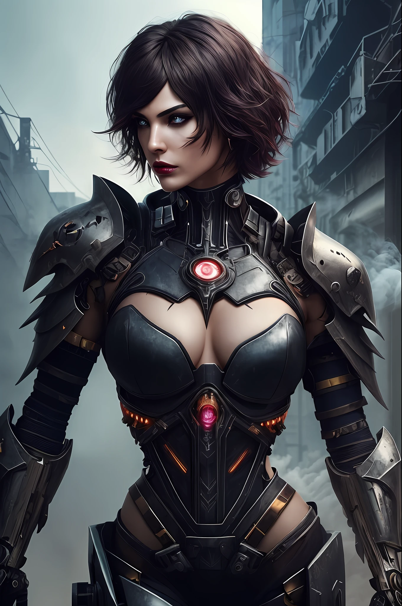 a beautiful cyborg warrior in the style of RustMagic, cyberpunk augmentation, cyberware, cyborg, very detailed face, full body, large breast, carbon fiber, chrome, implants, metal skull, cybernetic plate armor, (dark atmosphere: 1.2), (mist and smoke), (dark night: 1.3 ), scars, (dark shaggy dark hair of medium length: 1.1), (shadow: 1.1), (beautifully detailed brightness: 1.2), (cinematic lighting), Intricate Details, Highres, Rounded Eyes, Detailed Facial Features, Sharp Focus, Smooth, Aesthetics, Detailed Dark Industrial Factory Background, Elegant Pose, Dynamic Pose, (Dramapaint), (OPT-6000: 0.9)