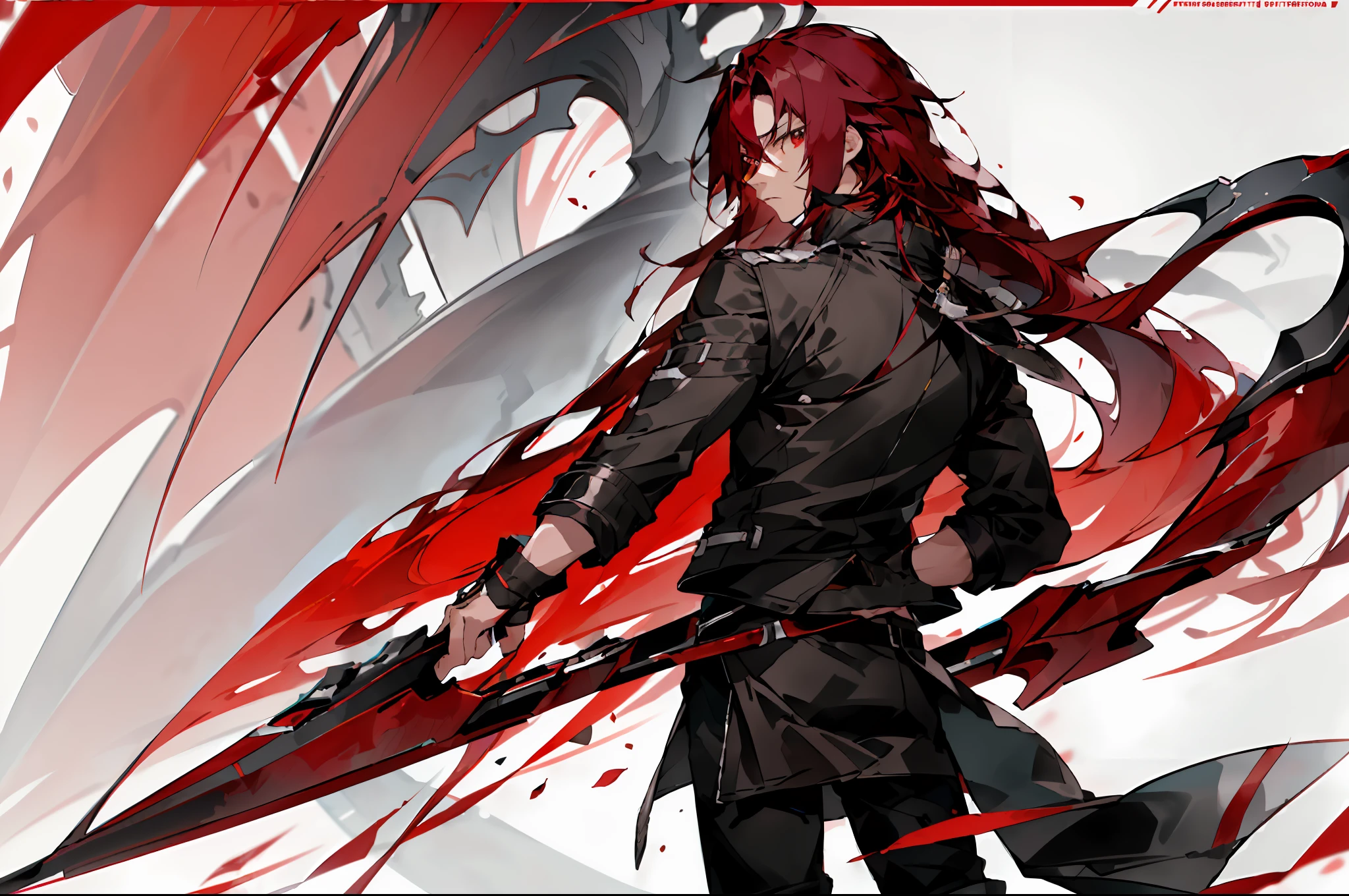 ((masterpiece)),(((best quality))),((character design sheet,same character,front,side,back)),illustration,1 male,long hair,hair on eyes,strong eyes,environment Scene change, pose too, male long red hair, white biker jacket, holding a scythe, charturnbetalora, (simple background, white background: 1.3)