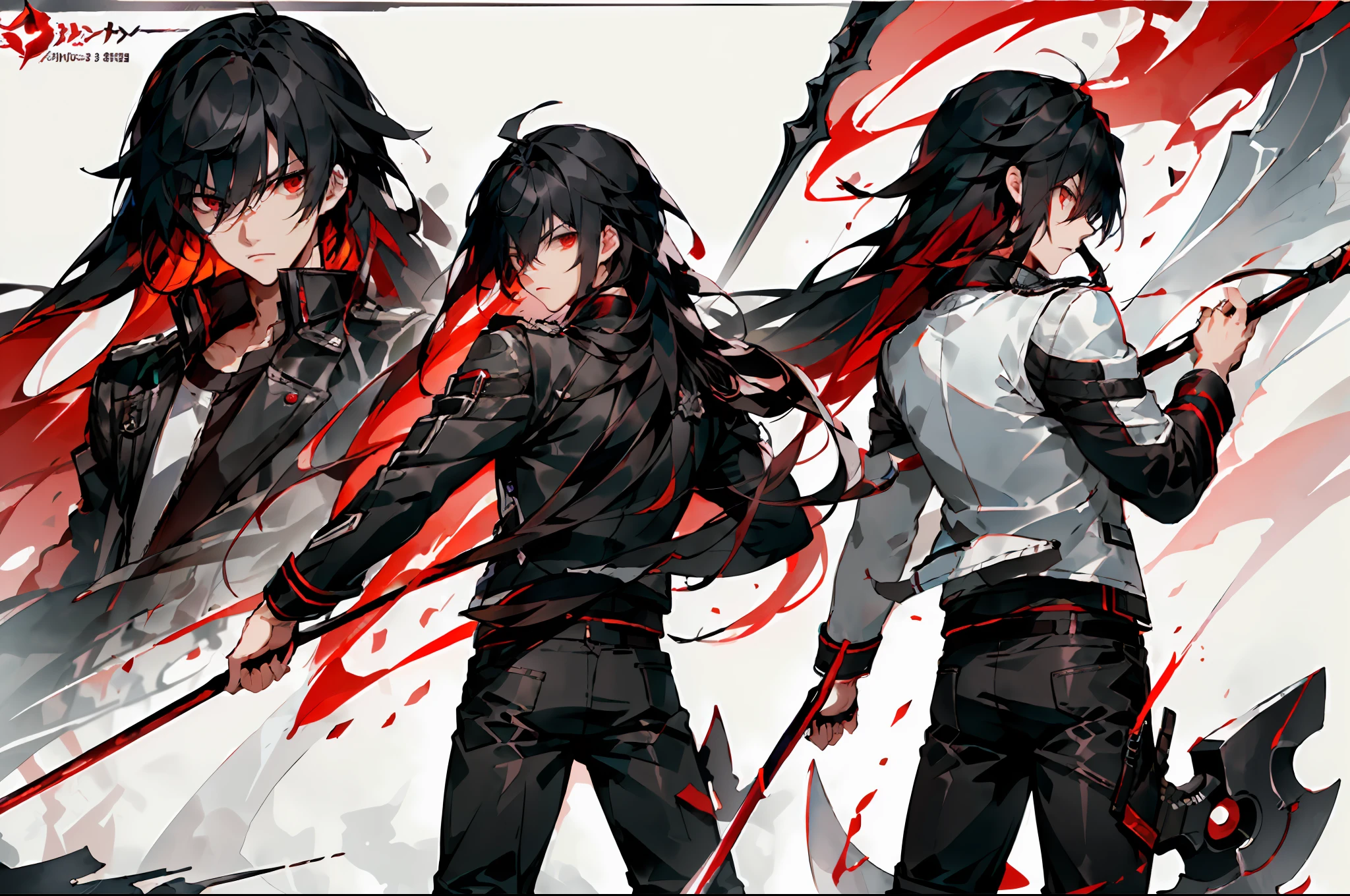 ((masterpiece)),(((best quality))),((character design sheet,same character,front,side,back)),illustration,1 male,long hair,hair on eyes,strong eyes,environment Scene change, pose too, male long red hair, white biker jacket, holding a scythe, charturnbetalora, (simple background, white background: 1.3)
