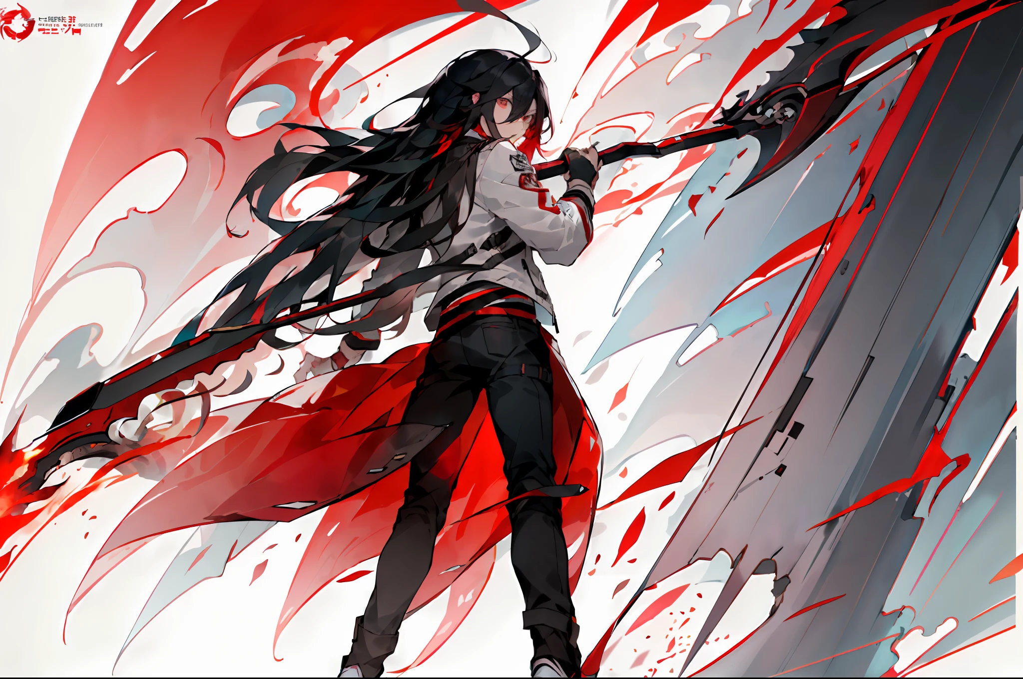 ((masterpiece)),(((best quality))),((character design sheet,same character,front,side,back)),illustration,1 male,long hair,hair on eyes,strong eyes,environment Scene change, pose too, male long red hair, white biker jacket, holding a scythe, charturnbetalora, (simple background, white background: 1.3)