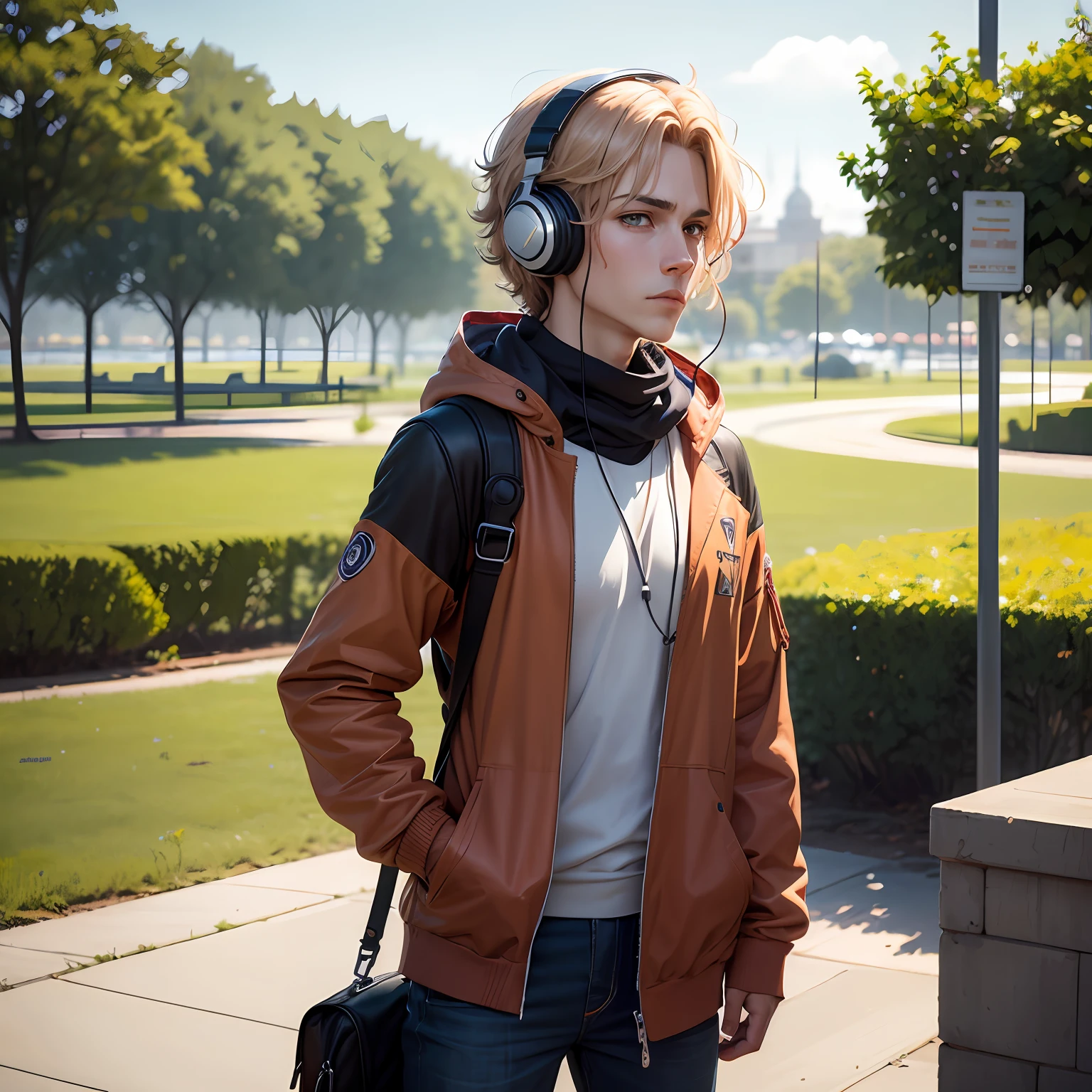 There's an anime man with headphones on give a thumbs up, Twitch streamer/Gamer Ludwig, profile picture 1024px, giving a thumbs up to the camera, Michal, with headphones, with a park in the background, 8K selfie photography, Tomasz Strzalkowski, #OC, #oc, Patryk Hardziej, Park in the background, anime anime anime --auto