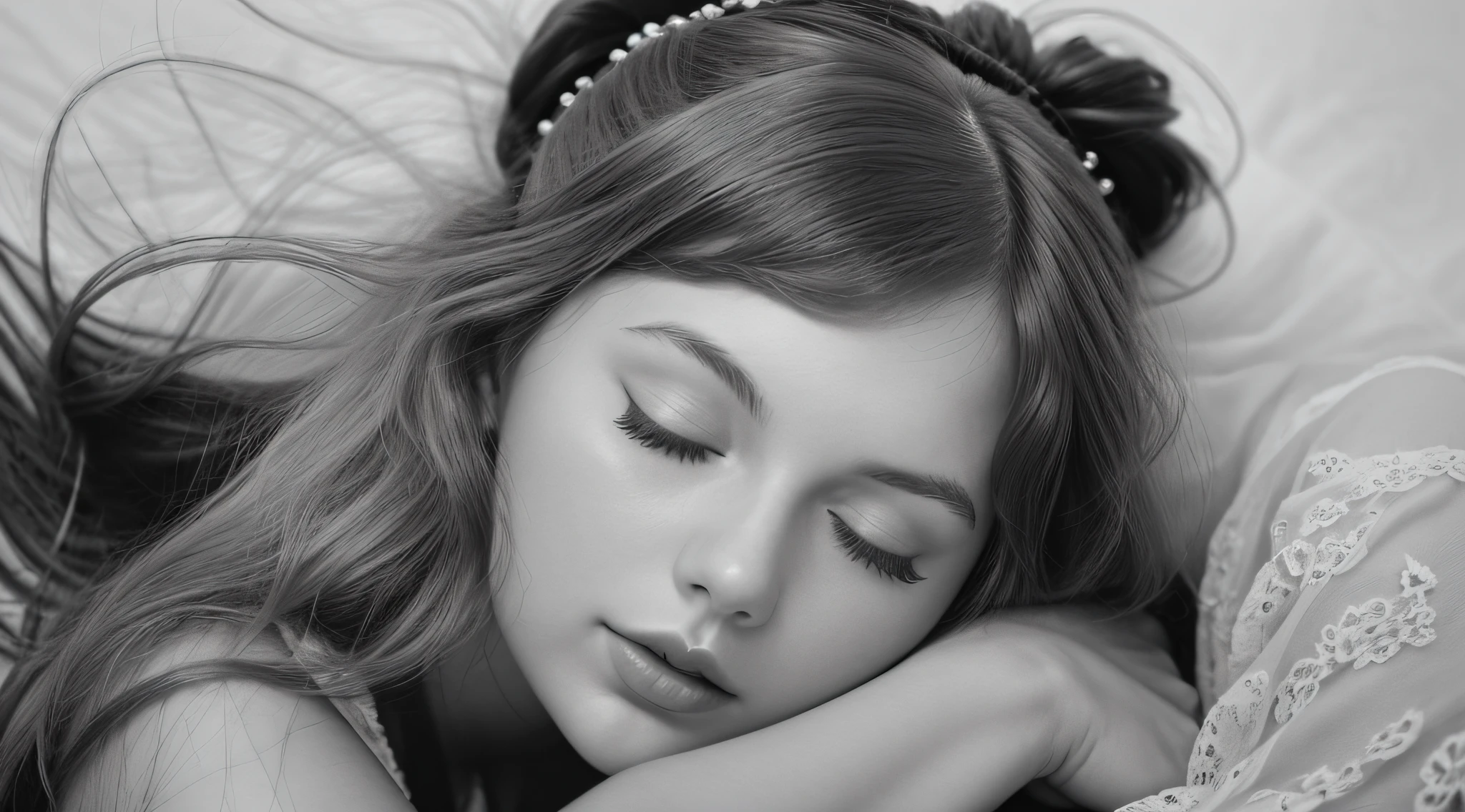 BLONDE CHILD with a headband and closed eyes, sleepy fashion model face, dreaming face, peaceful face, beautiful languid princess, peaceful expression, taylor swift as a celestial angel, black and white portrait, p&m photo, sleeping princess!!!, sleepy, head resting on hands, with eyes closed, black and white portrait, solemn expression