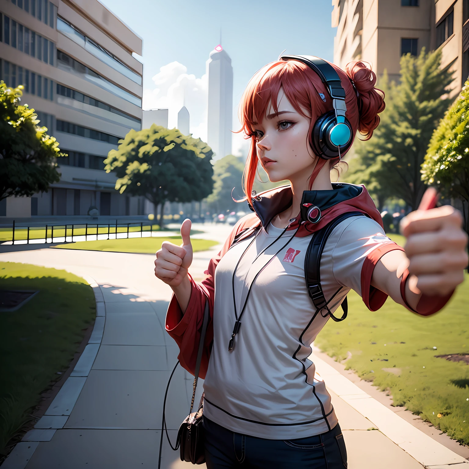 There's an anime man with headphones on give a thumbs up, Twitch streamer/Gamer Ludwig, profile picture 1024px, giving a thumbs up to the camera, Michal, with headphones, with a park in the background, 8K selfie photography, Tomasz Strzalkowski, #OC, #oc, Patryk Hardziej, Park in the background, anime anime anime --auto