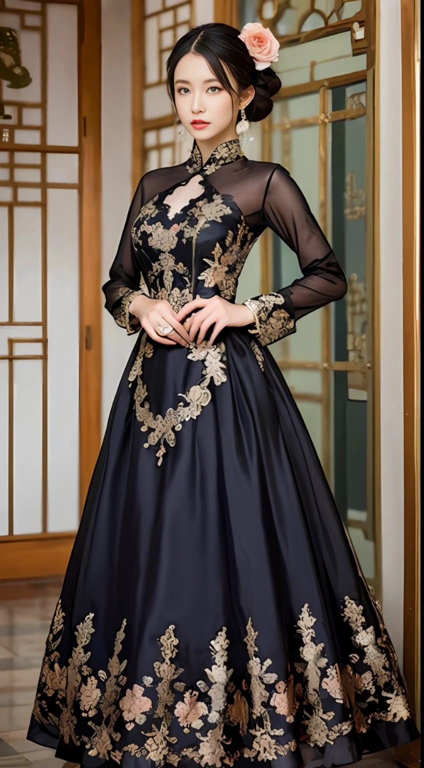 Traditional chinoiserie dress with lace elements at neckline and cuffs, dark moire, silk crepe, embroidered beaded pieces, knee-length or long, waist or neckline bow or floral decoration dress.