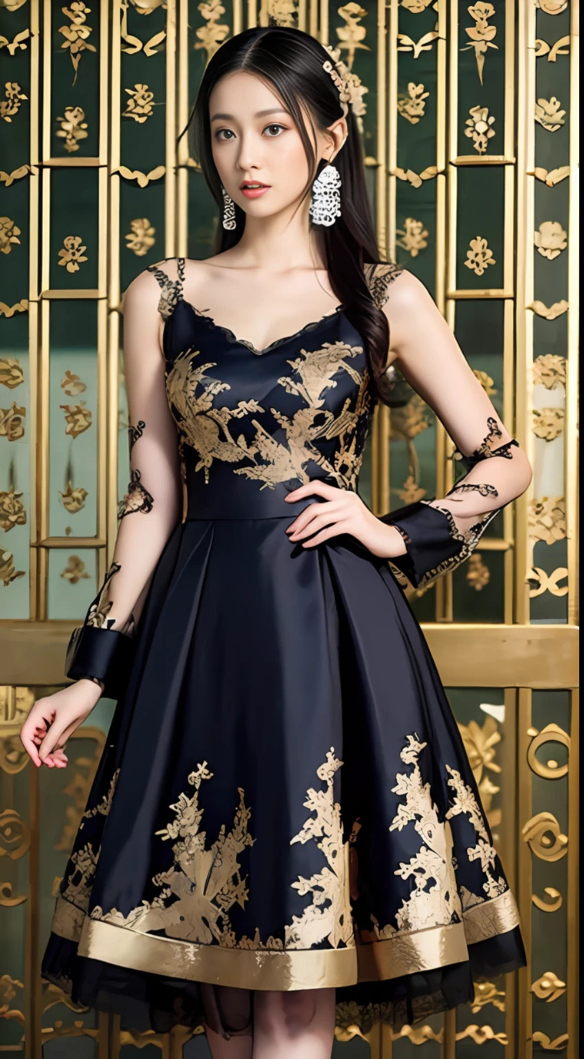 Traditional chinoiserie dress with lace elements at neckline and cuffs, dark moire, silk crepe, embroidered beaded pieces, knee-length or long, waist or neckline bow or floral decoration dress.