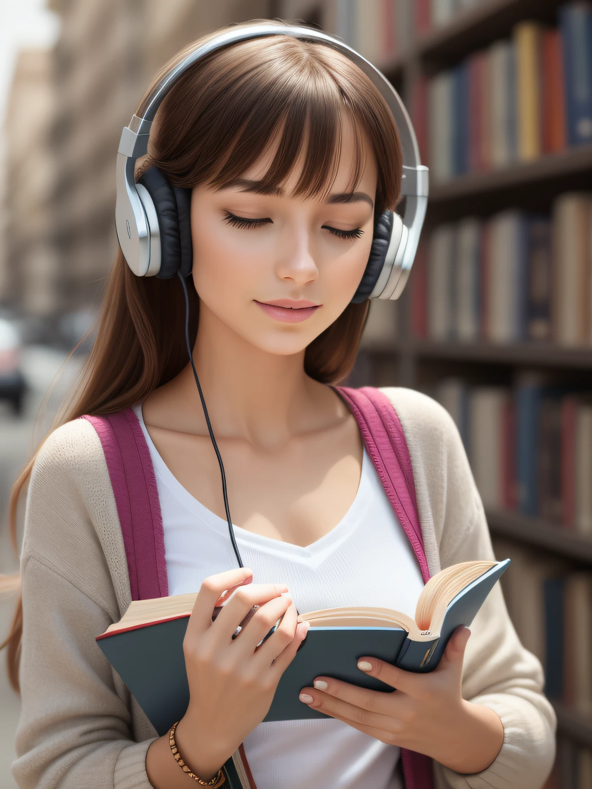 Woman with book in hands and headphone