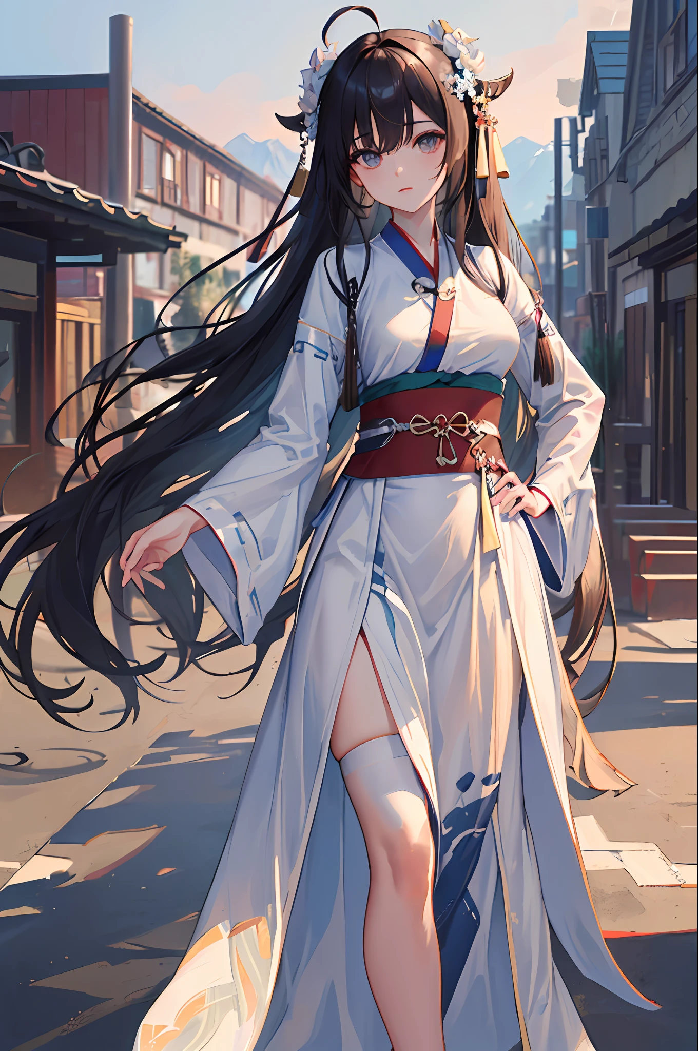 (masterpiece:1.5),(best quality:1.5),(ultra-detailed:1.5),illustration,cowboy shot,1girl,solo,(buildings),perfect face,lustrous skin,long hair,beautiful detailed eyes,beautiful flowing hair,(ru_qun:1.5),(hanfu:1.5),chinese clothes, white dress,white thighhighs, (bloom),lighting, ray tracing,outdoors,  mountains, nature,hair ornament, hair ribbon,hand on hip,looking at viewer,ahoge,large breasts, (deep depth of field:1.5),hair ornament, forest,barefoot sandals