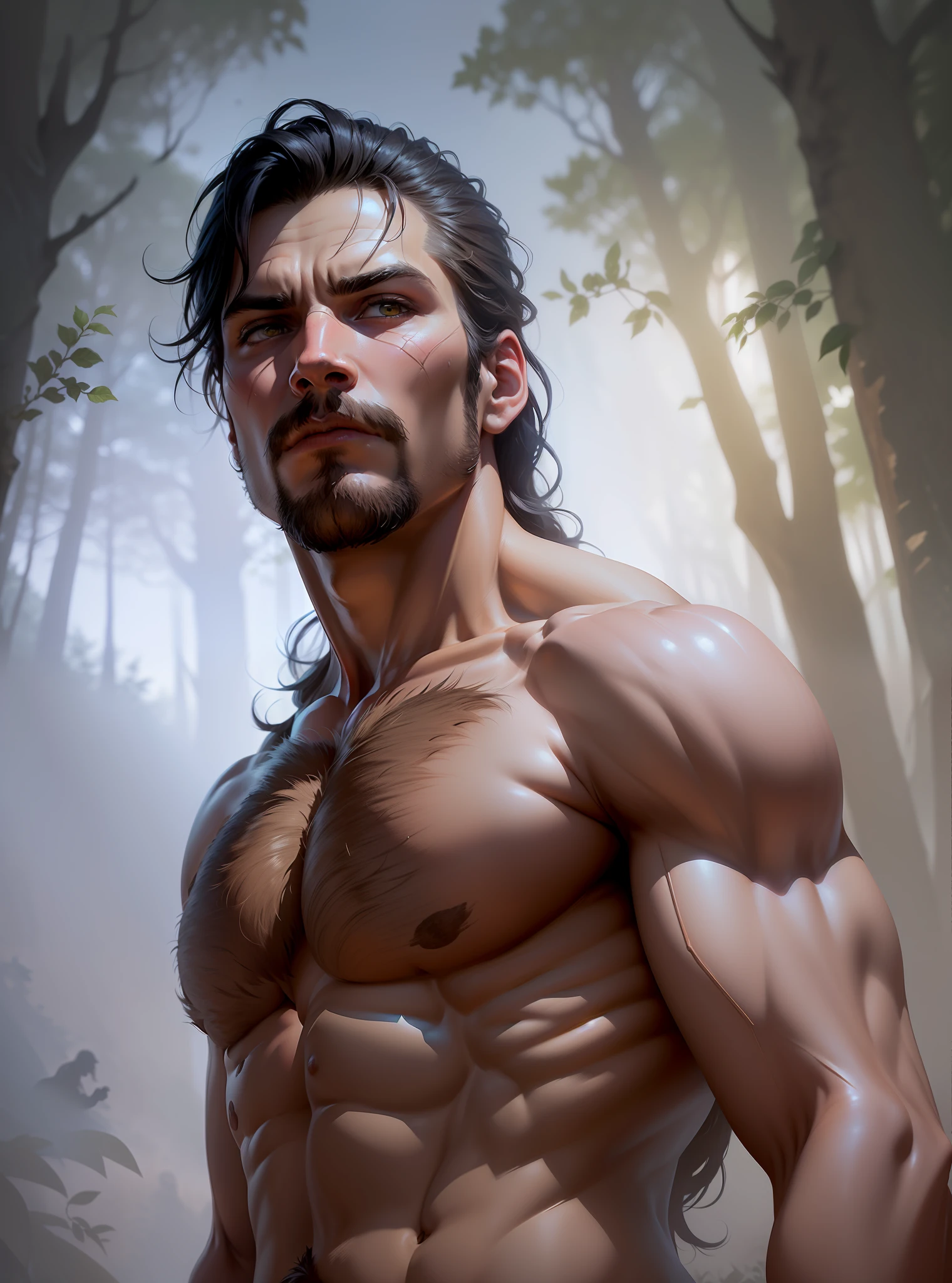 Transform the image of man into an epic Barbarian, similar to the barbarian Conan, in a wild environment, (1man) (male) (((front view)) ((facing viewer)), (Conan), epic, heroic, long hair, wild long hair.
((hairy chest)).
Wearing fur loin
Emerging from a passage (between two trees). It is in the (darkness of the Forest), the only source of light is a beam that passes through the foliage on top of the trees, high light, light coming from above.
Highly detailed fantasy art, dramatic volumetric light, cold light, artstation, beautiful medieval fantasy illustration. realistic, normal saturation, low saturation, ultra realistic, 8k