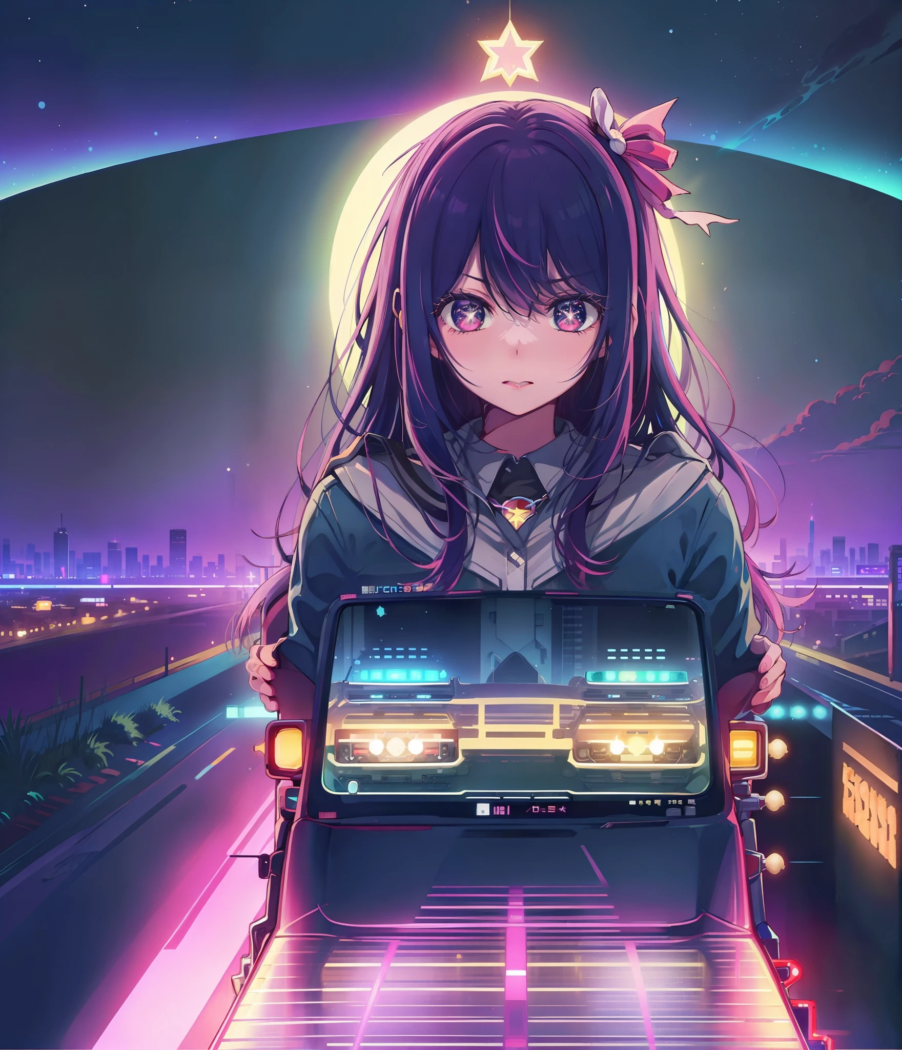 Hoshino Ai, star-shaped pupil retrowave s driving car on road