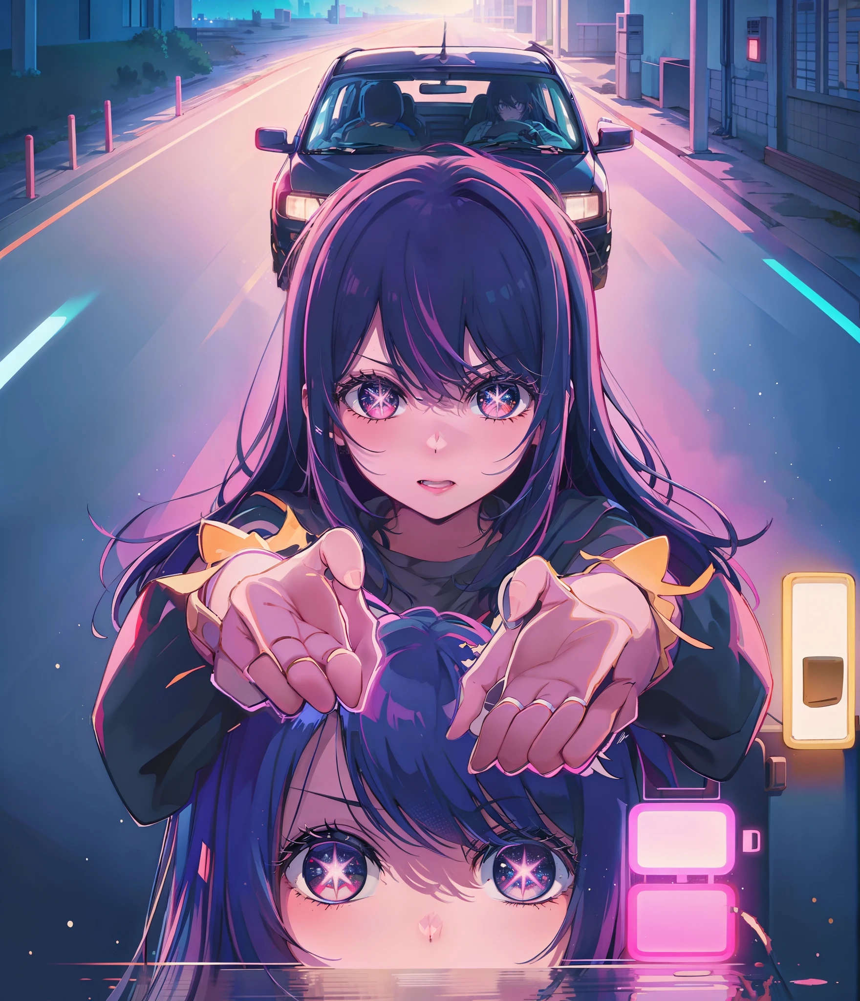 Hoshino Ai, star-shaped pupil retrowave s driving car on road