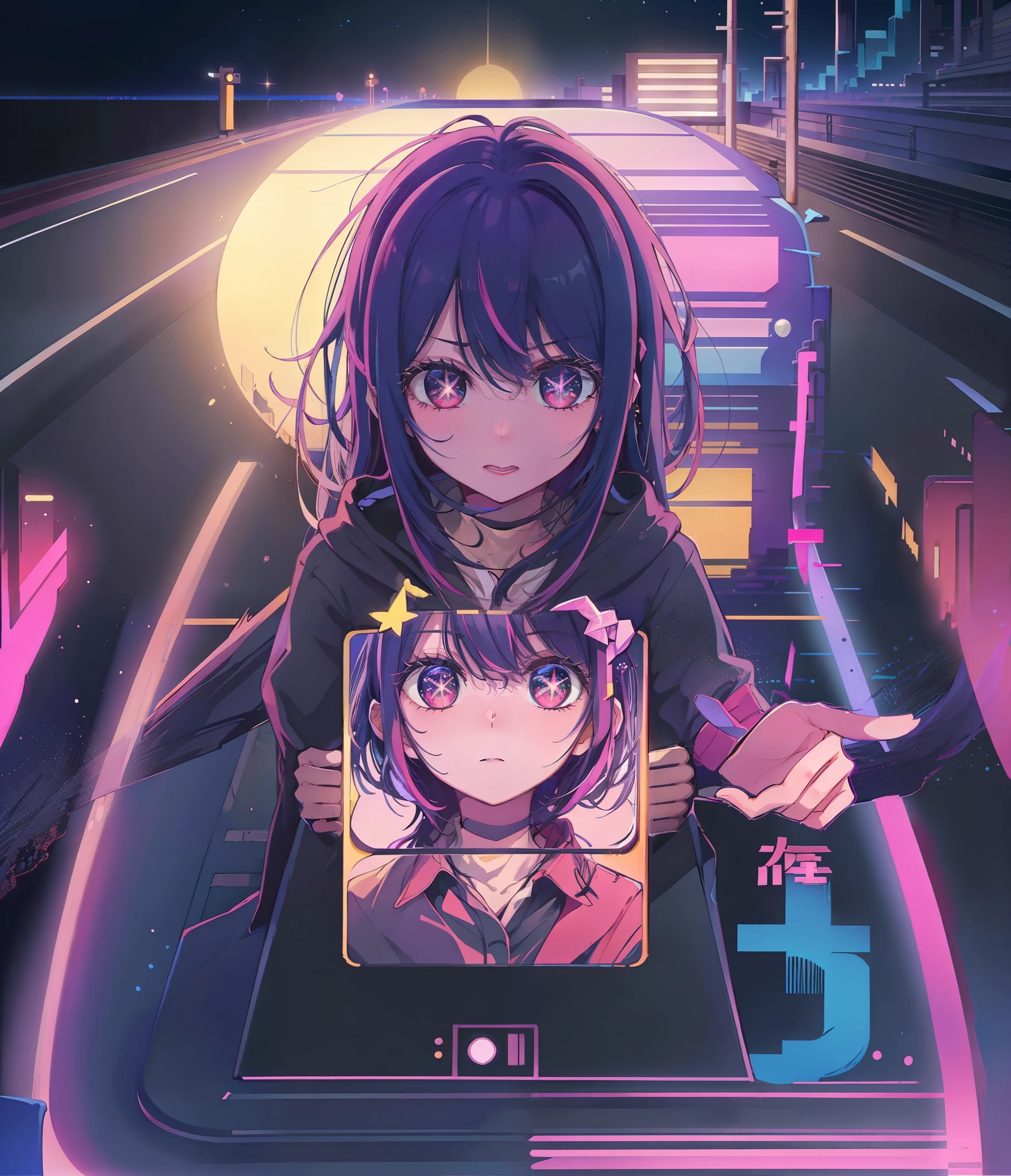 Hoshino Ai, star-shaped pupil retrowave s driving car on road