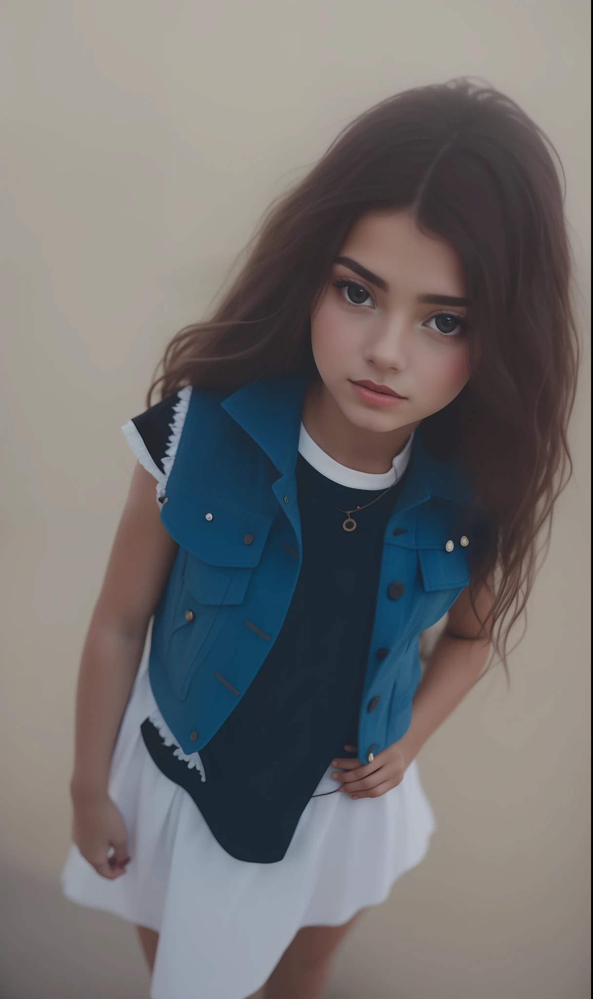 there is a young girl wearing a blue vest and white dress, modeling for dulce and gabanna, looks like fabiula nascimento, photo of a model, inspired by Sophia Beale, gorgeous young model, light skinned african young girl, hana alisa omer, beautiful cute, alanis guillen, inspired by Lily Delissa Joseph, beautiful model, modelling