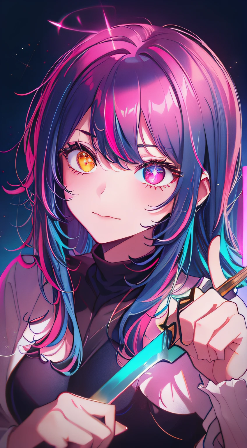 Book cover, (Masterpiece: 1.3), (Beautiful: 1.2), (Best Quality: 1.2), (Details: 1.2), (Official Art: 1.2), (Beautiful Eyes, Shining Eyes, Heterochromia: 1.5), Portrait of a girl holding a sword Japan, Solo, 1girl, (iridescent hair, colorful hair, half blue and half pink hair: 1.2), blush, embarrassing, (angel halo, : 1.3), dynamic pose, best detail, bright eyes, medium bright, neon cold lighting, retro futuristic, vaporwave,