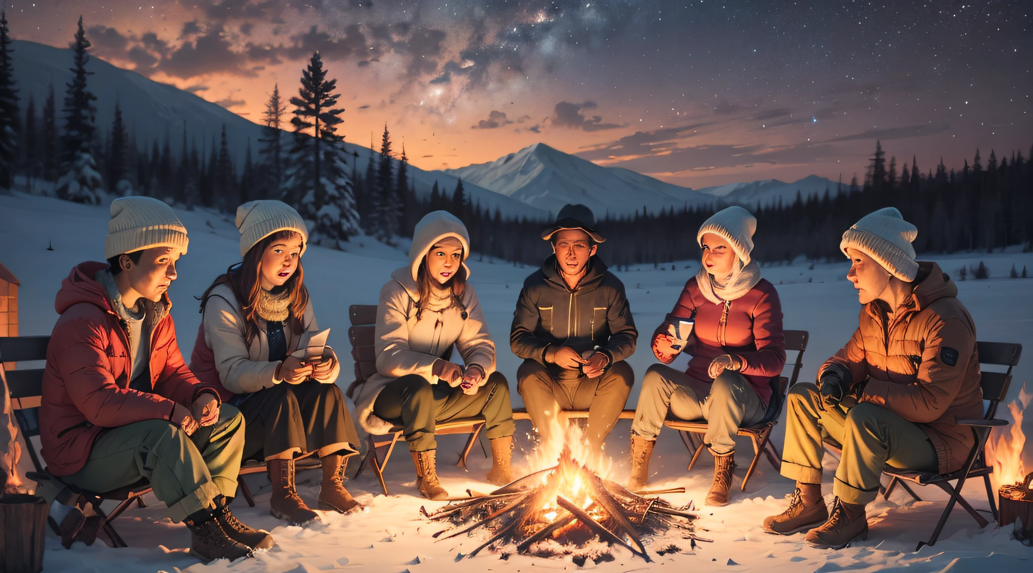 group of people gathered around a campfire talking, night weather,